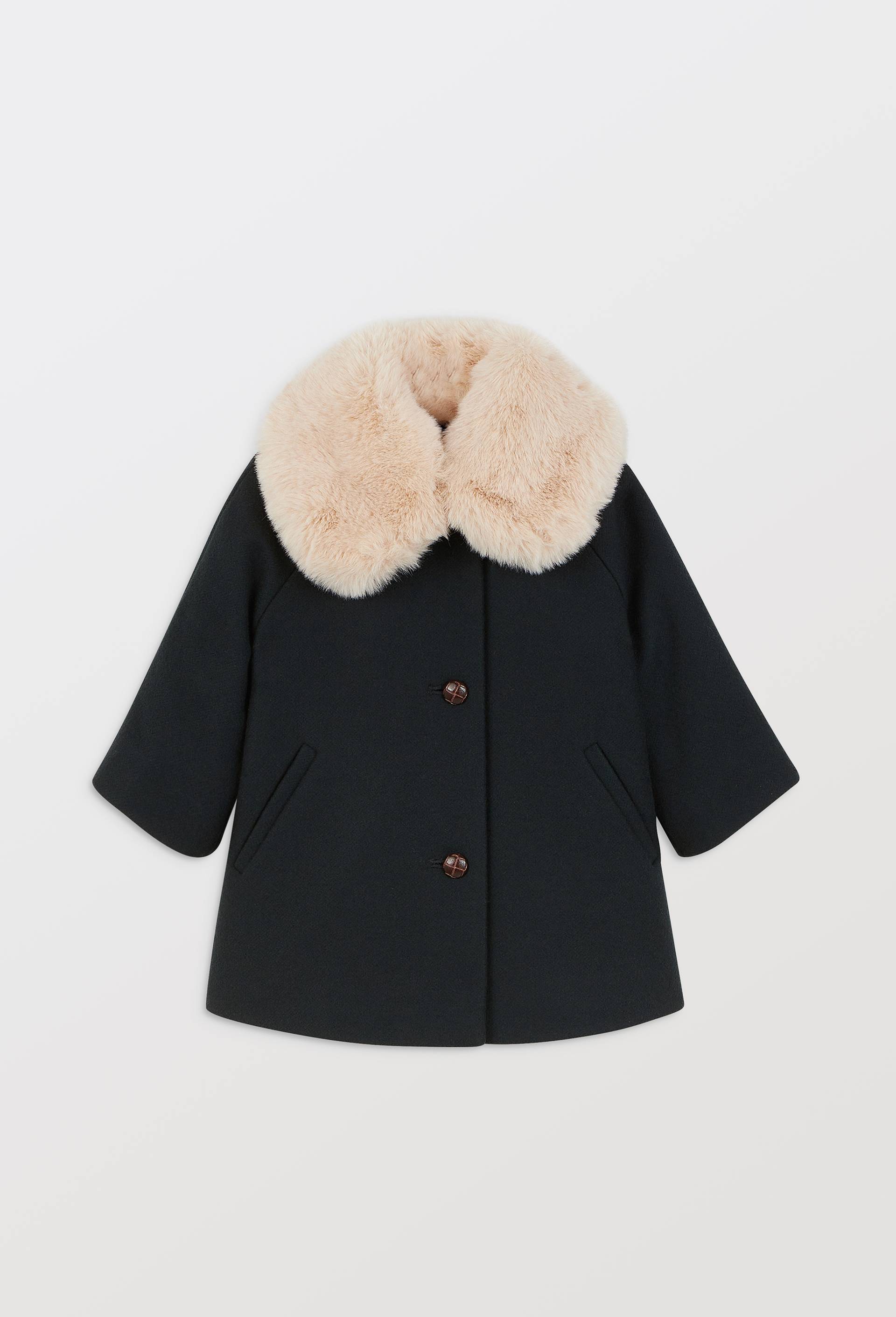 Manteau en laine uni avec col amovible en fausse fourrure, Bleu fonc&eacute;, large image number 0
