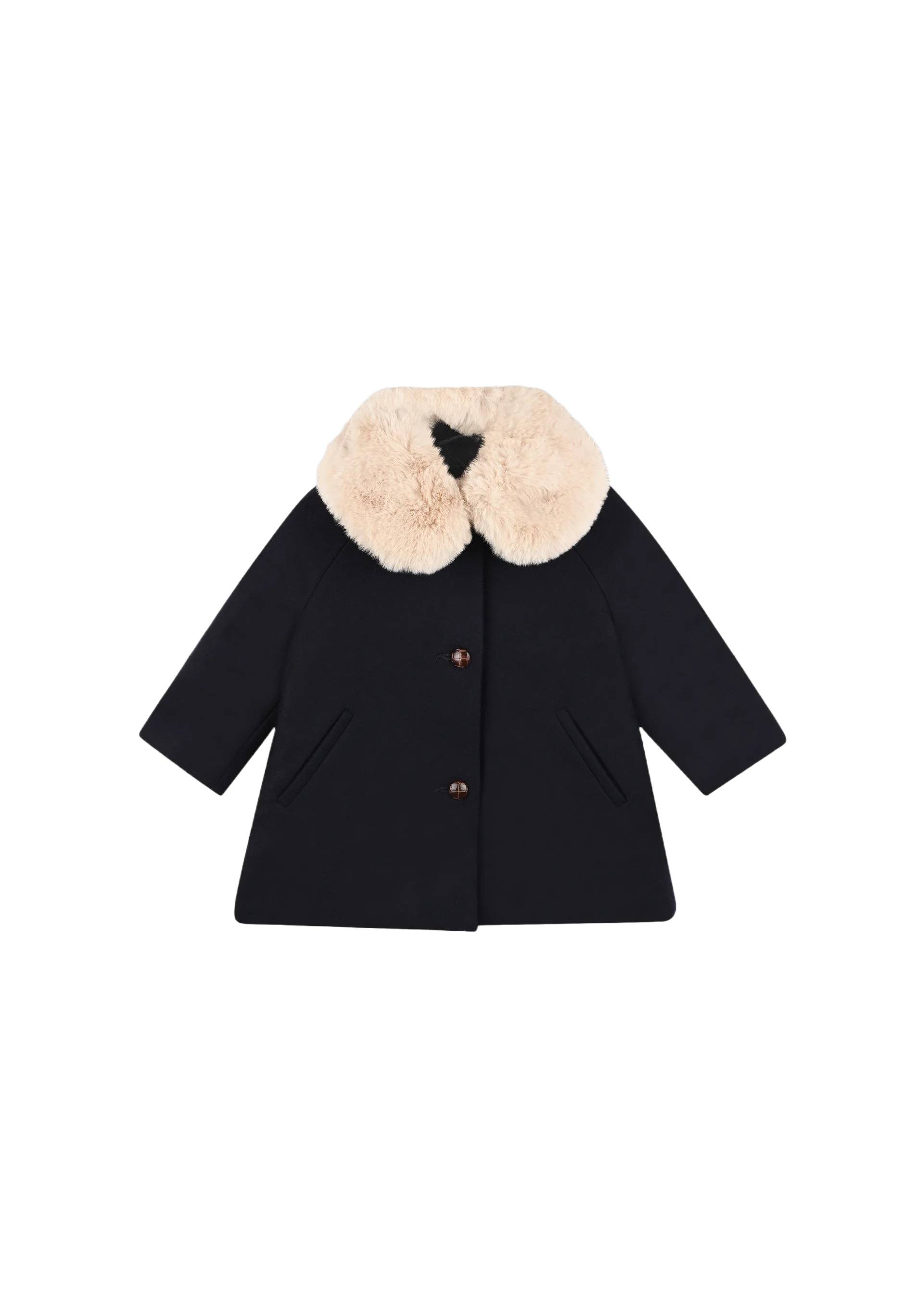 Manteau en laine uni avec col amovible en fausse fourrure, Bleu fonc&eacute;, large image number 3