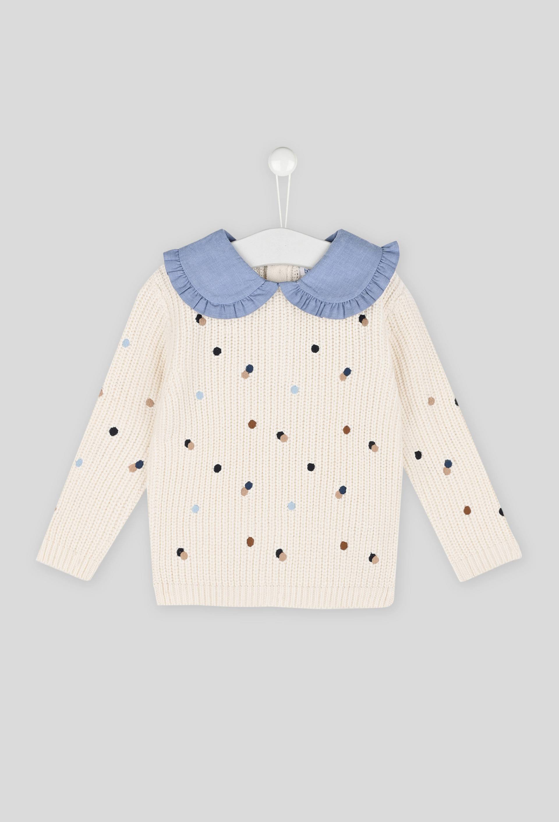 Pull à pois multicolores col claudine en chambray manches longues, fille, OEKO-TEX, Beige, large image number 0.0