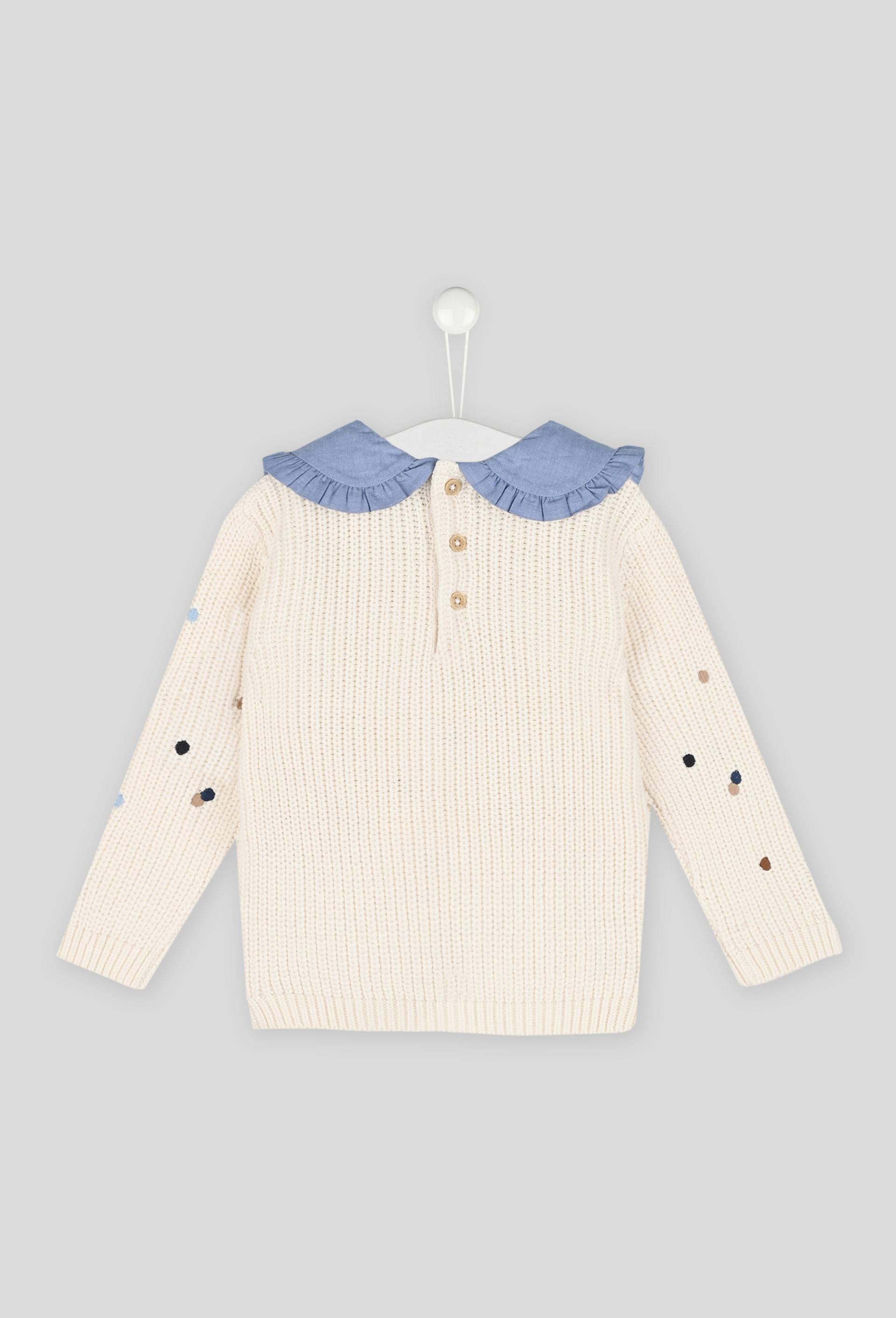Pull à pois multicolores col claudine en chambray manches longues, fille, OEKO-TEX, Beige, large image number 1