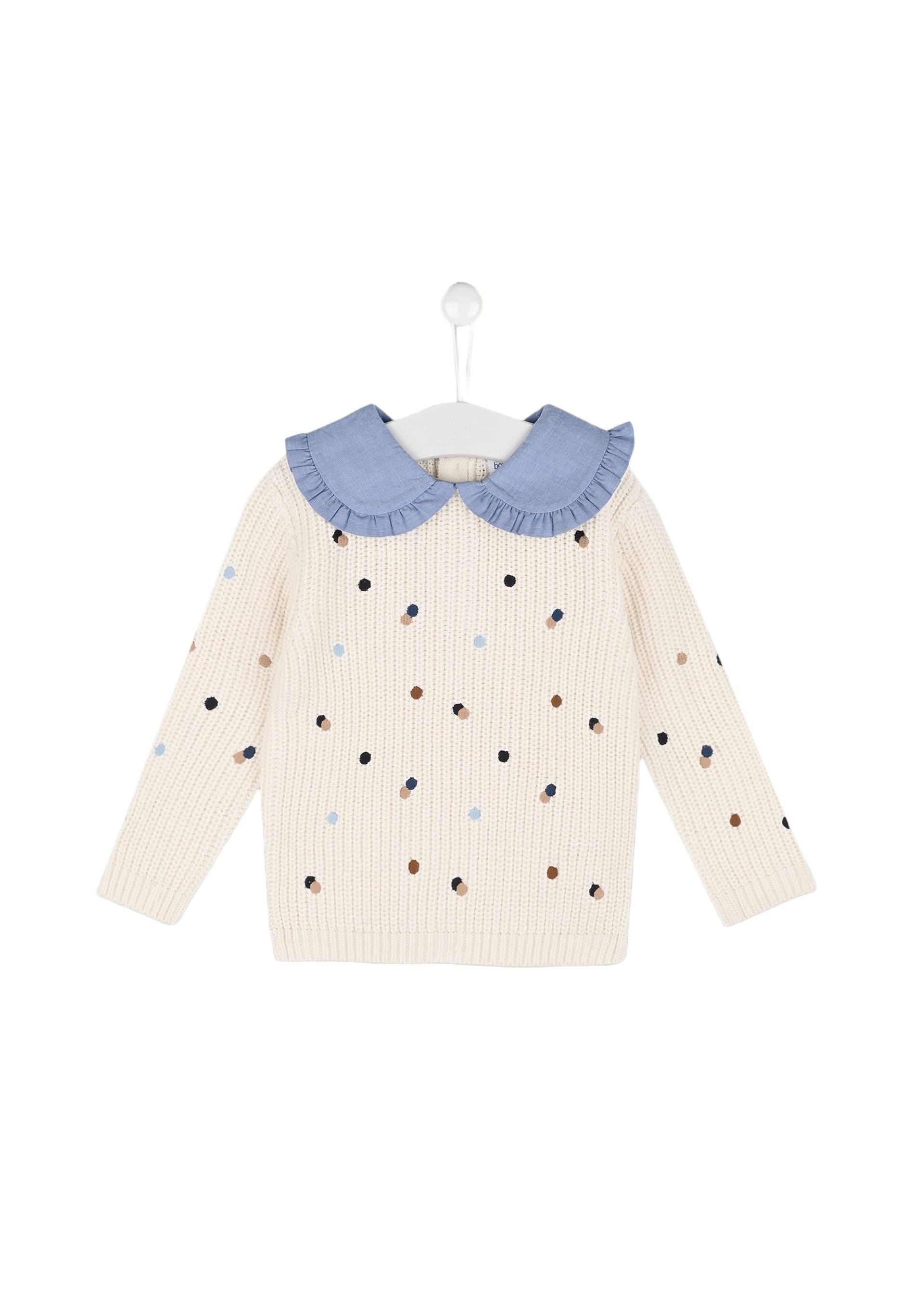 Pull à pois multicolores col claudine en chambray manches longues, fille, OEKO-TEX, Beige, large image number 3