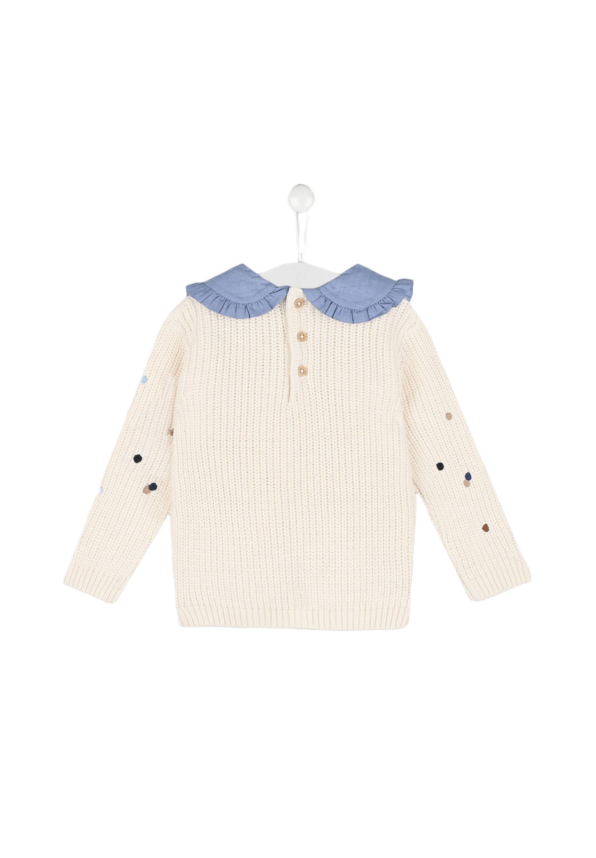 Pull à pois multicolores col claudine en chambray manches longues, fille, OEKO-TEX, Beige, large image number 4.0