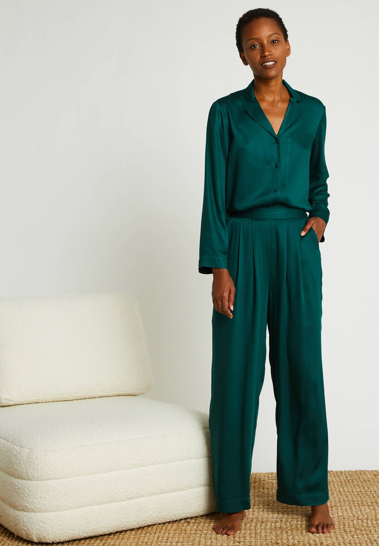 Pantalon large en satin certifié OEKOTEX, Vert foncé, large image number 3.0