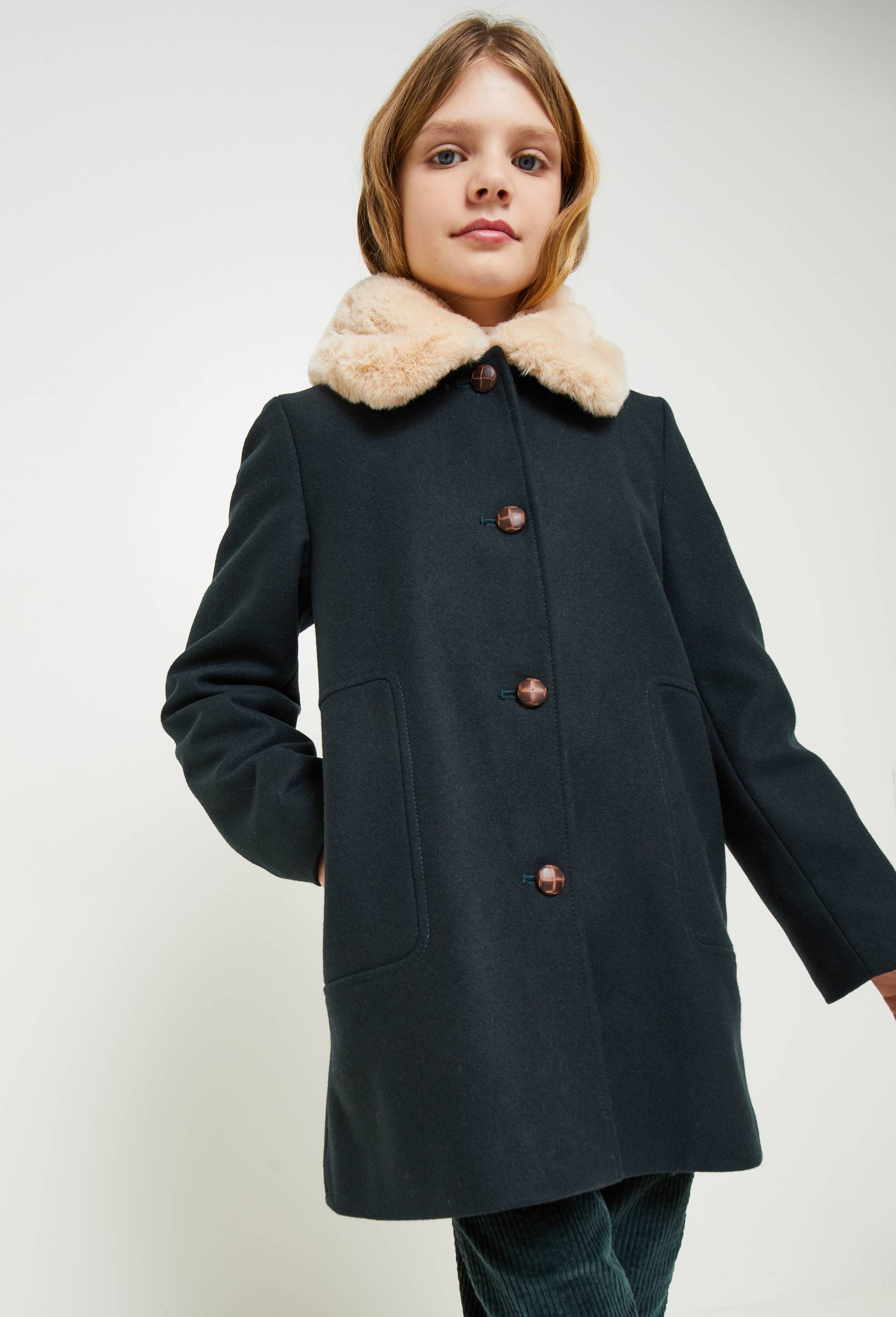 Manteau &agrave; col fausse fourrure, contenant de la laine, Vert fonc&eacute;, large image number 0