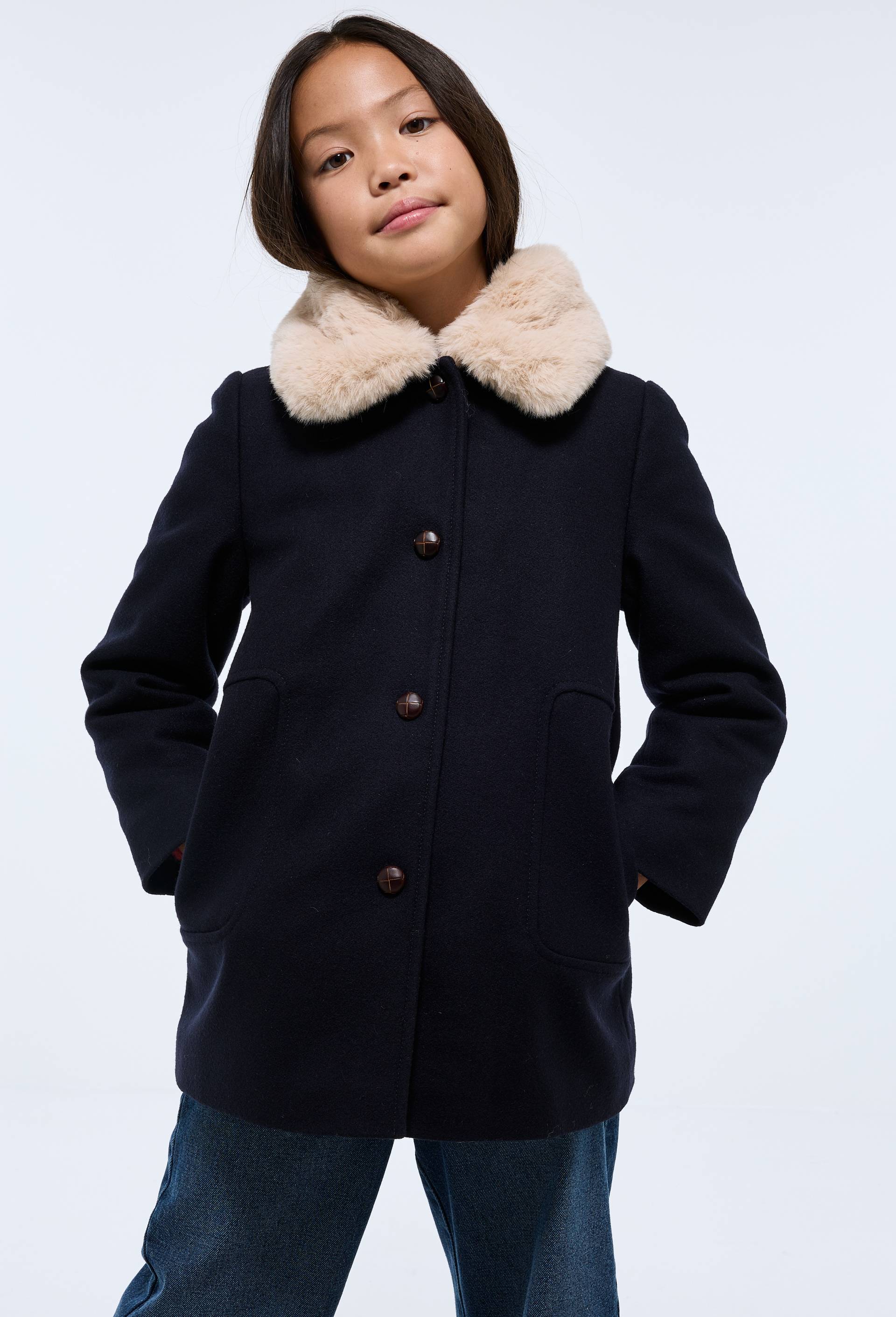 Manteau &agrave; col fausse fourrure, contenant de la laine, Bleu fonc&eacute;, large image number 0.0