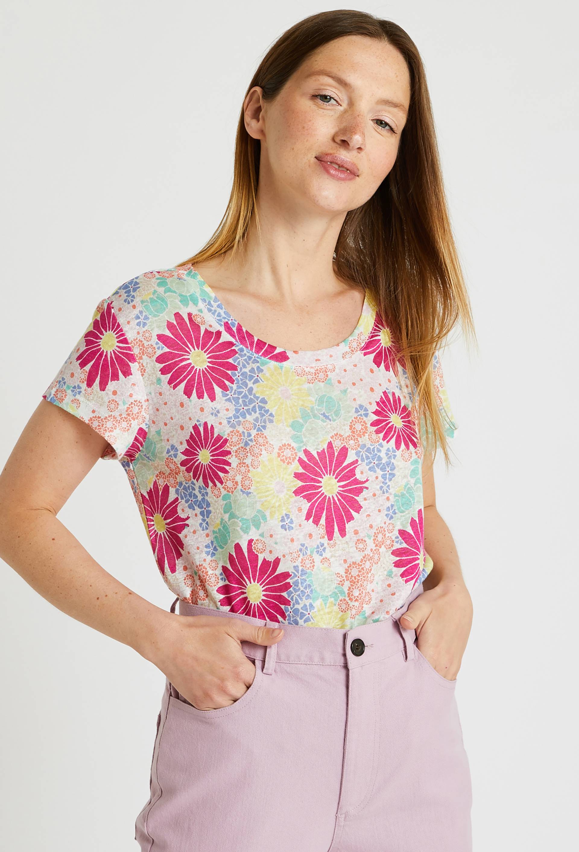 T-shirt imprimé en lin Oekotex, Rose foncé, large image number 0.0