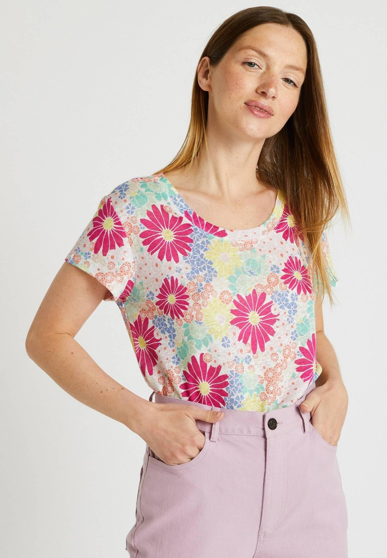 T-shirt imprimé en lin Oekotex, Rose foncé, large image number 3