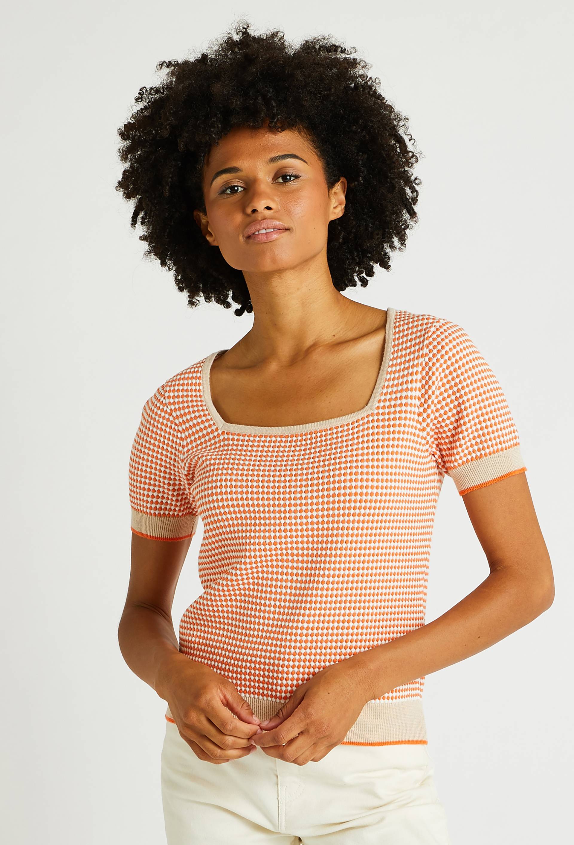 Pull bicolore manches courtes col carré en coton, certifié Oeko-Tex, Orange clair, large image number 0.0