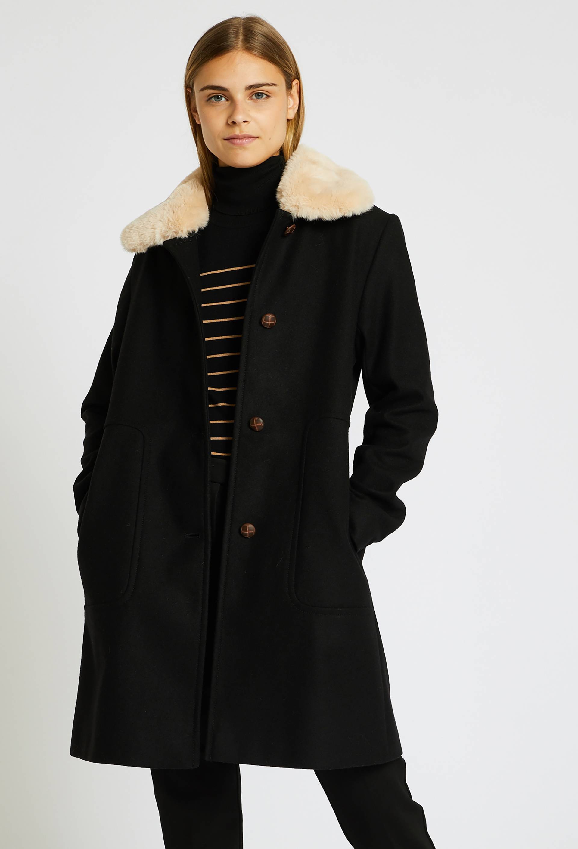 Manteau boutonné col amovible contenant de la laine, Noir, large image number 0
