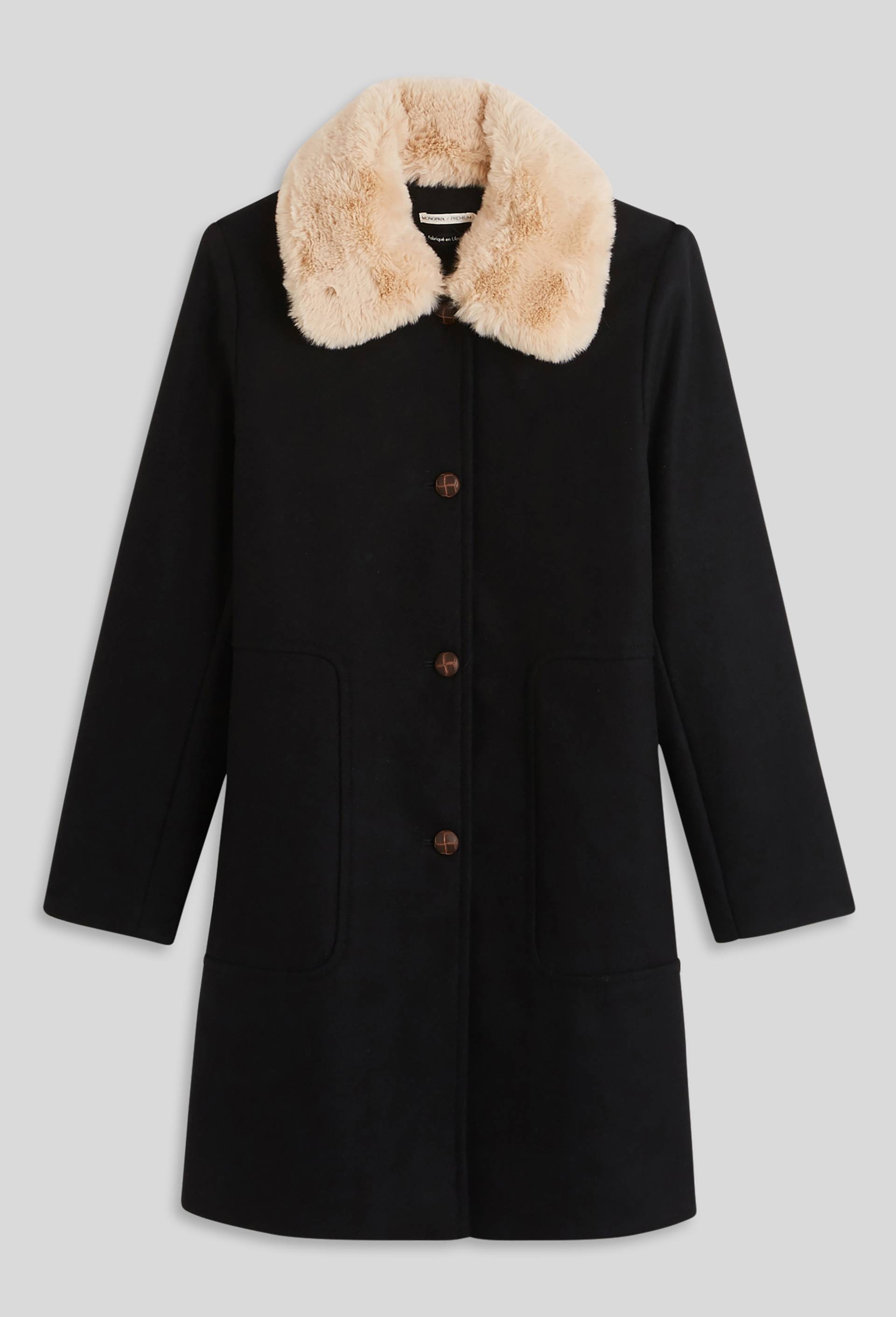 Manteau boutonné col amovible contenant de la laine, Noir, large image number 2
