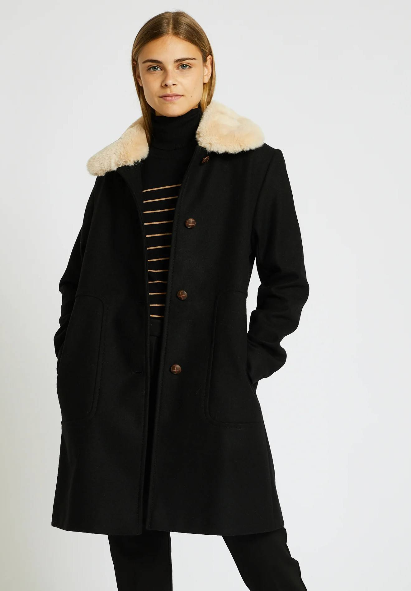 Manteau boutonné col amovible contenant de la laine, Noir, large image number 3.0