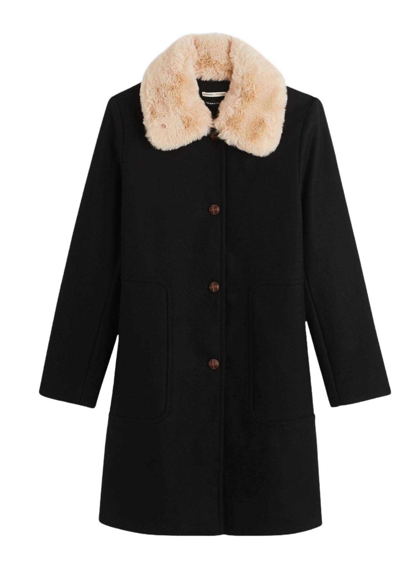 Manteau boutonné col amovible contenant de la laine, Noir, large image number 5.0