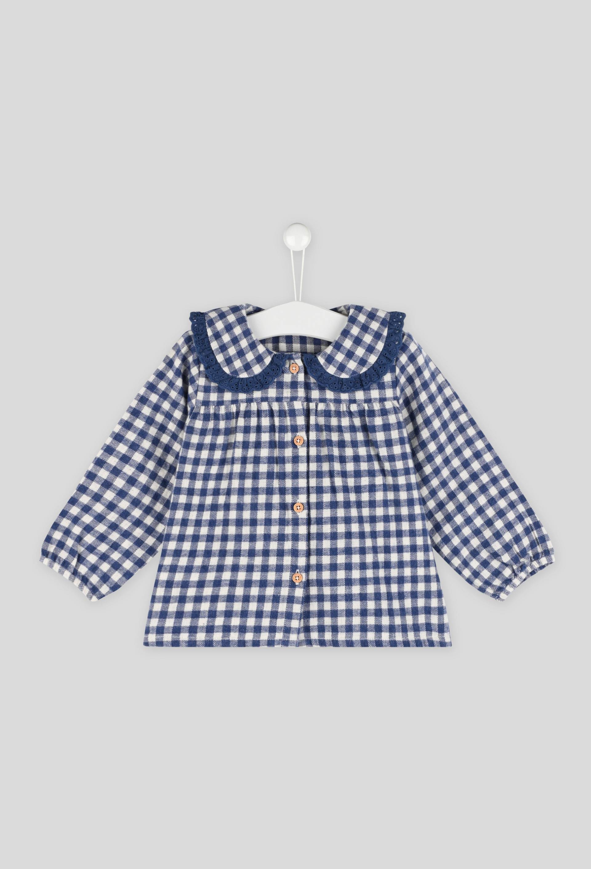 Blouse à carreaux grand col à volants et carreaux manches longues, fille, OEKO-TEX, Bleu foncé, large image number 0