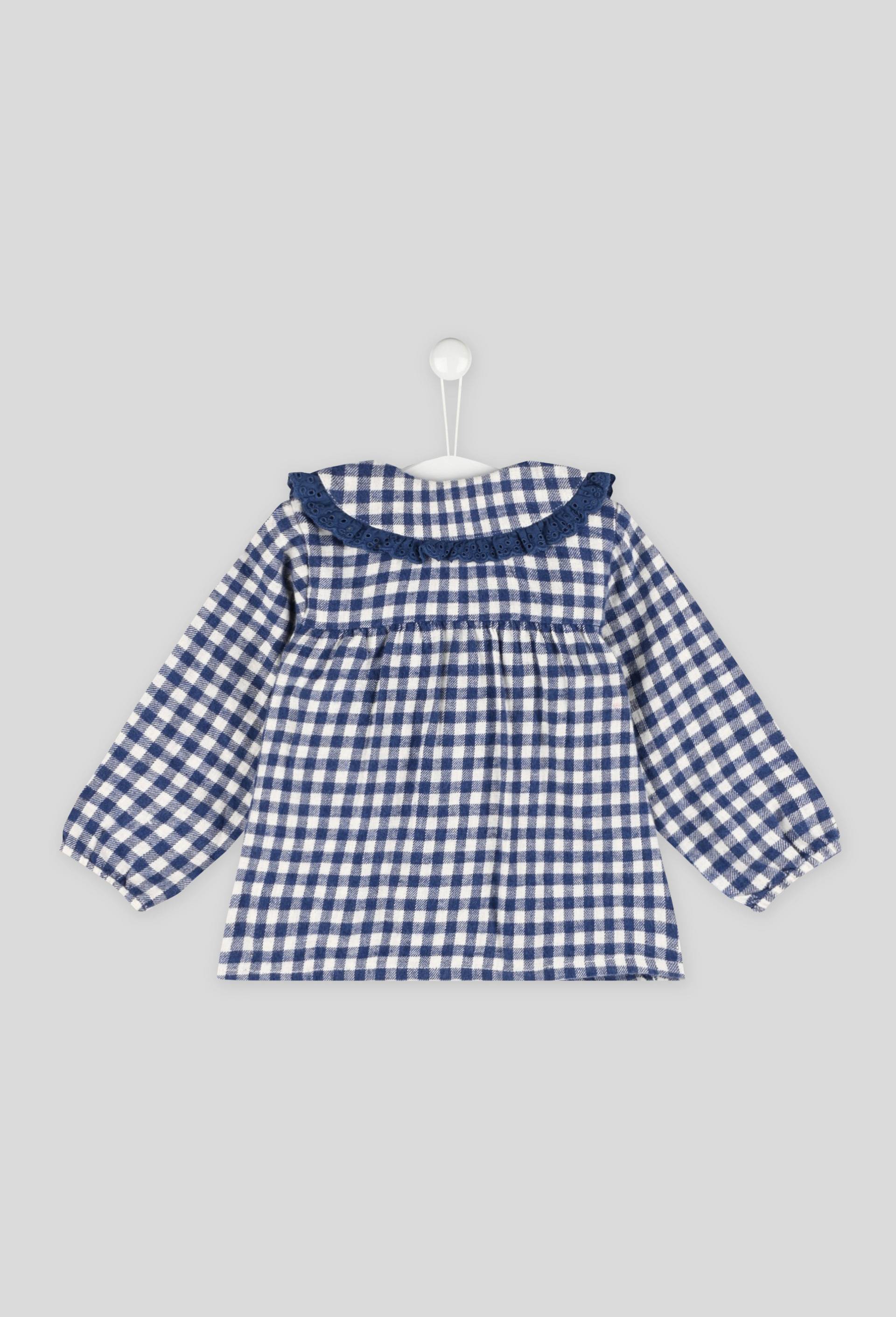 Blouse à carreaux grand col à volants et carreaux manches longues, fille, OEKO-TEX, Bleu foncé, large image number 1.0