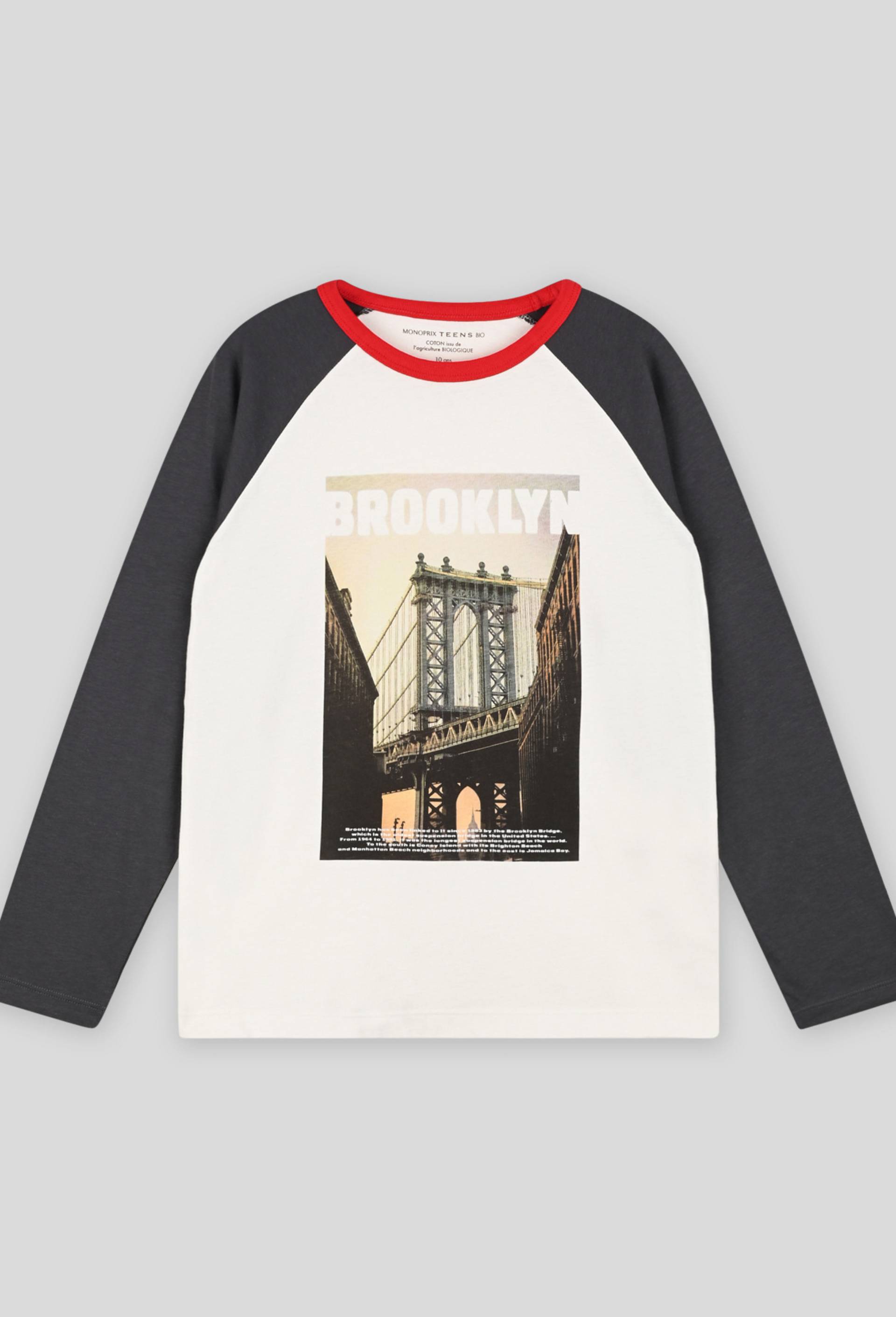 T-shirt manches longues imprim{ en coton Bio, Ecru, large image number 0
