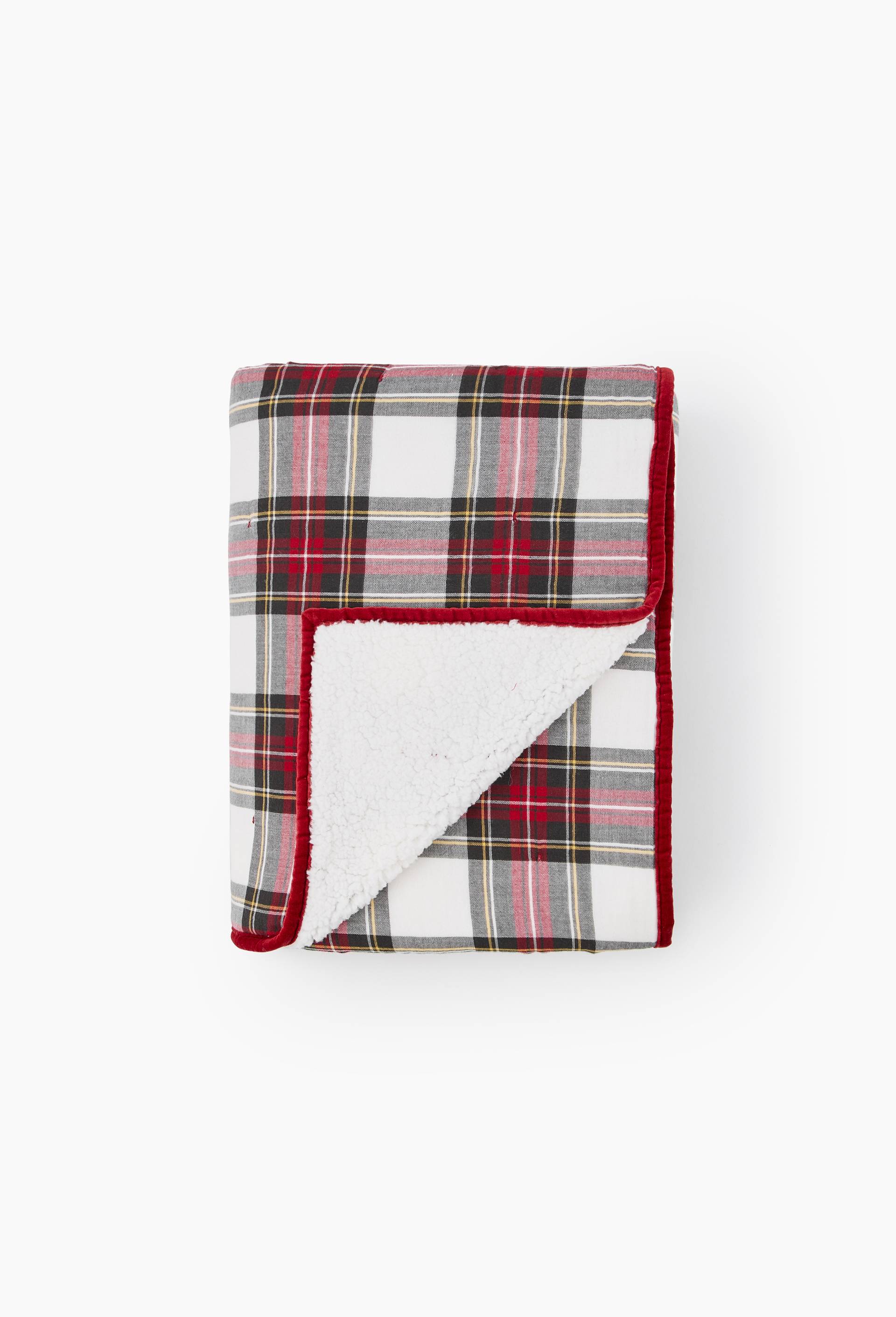 Plaid tartan doubl&eacute; sherpa, 130x170cm, coton et polyester recycl&eacute;, Rouge, large image number 0