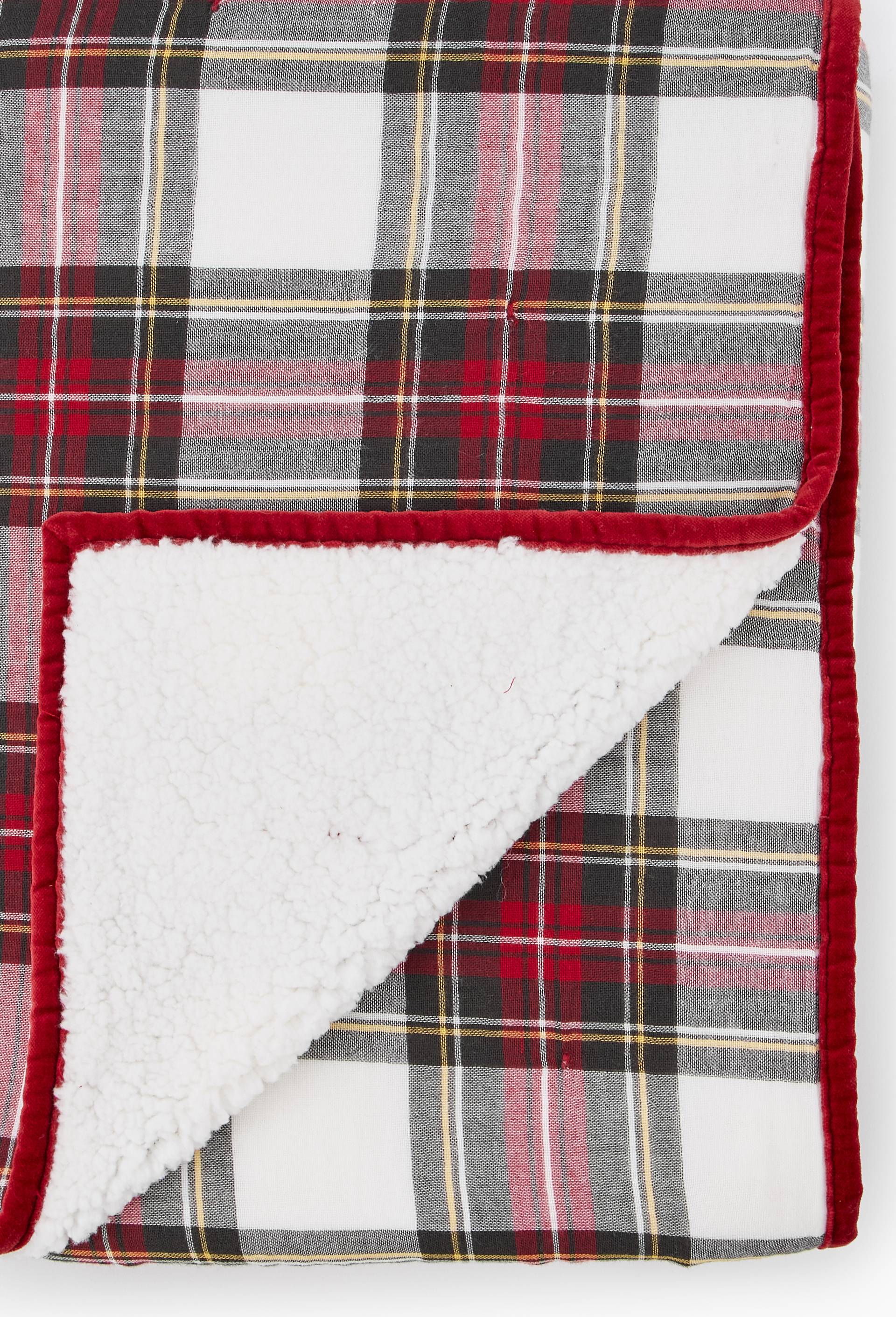 Plaid tartan doubl&eacute; sherpa, 130x170cm, coton et polyester recycl&eacute;, Rouge, large image number 1