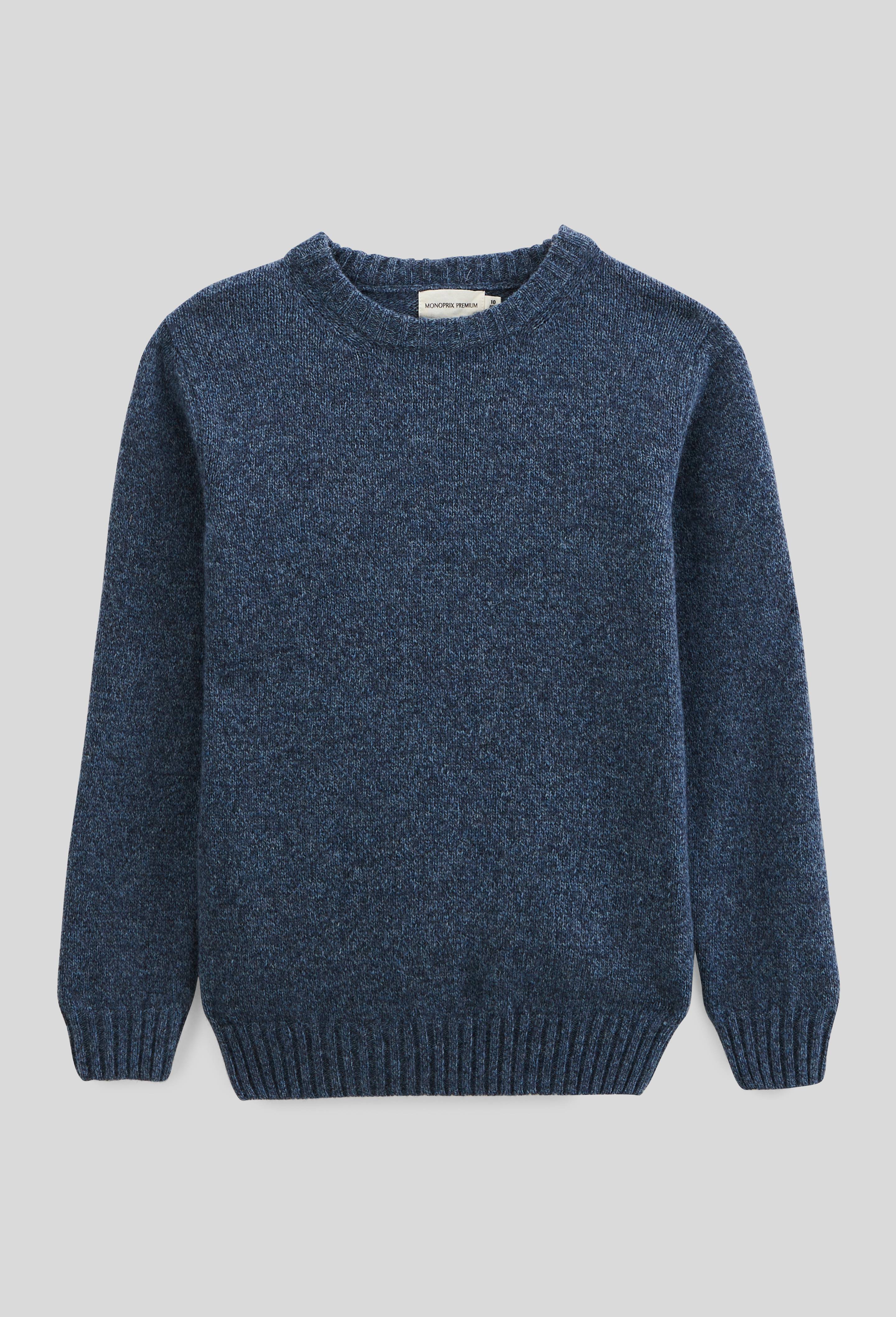 Pull col rond uni contenant de la laine et du yack, Bleu fonc&eacute;, large image number 1.0