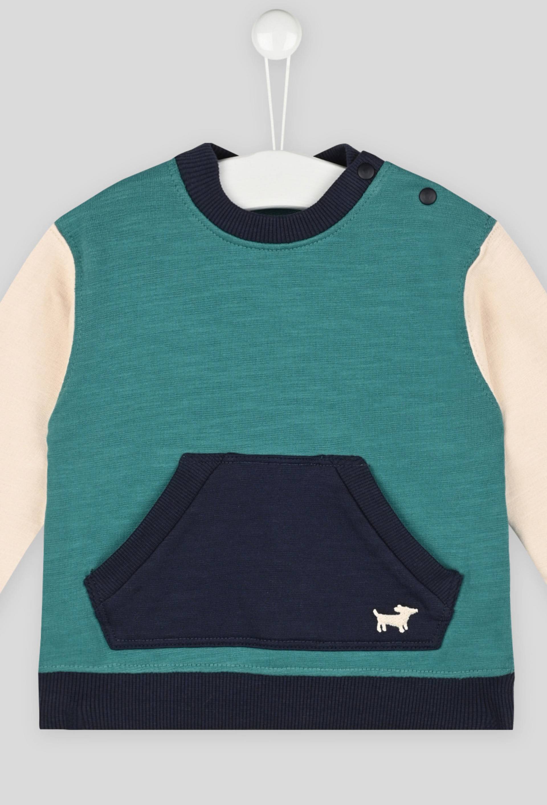 Sweat tricolore garcon poche en coton BIO, Oeko-Tex, Vert foncé, large image number 0