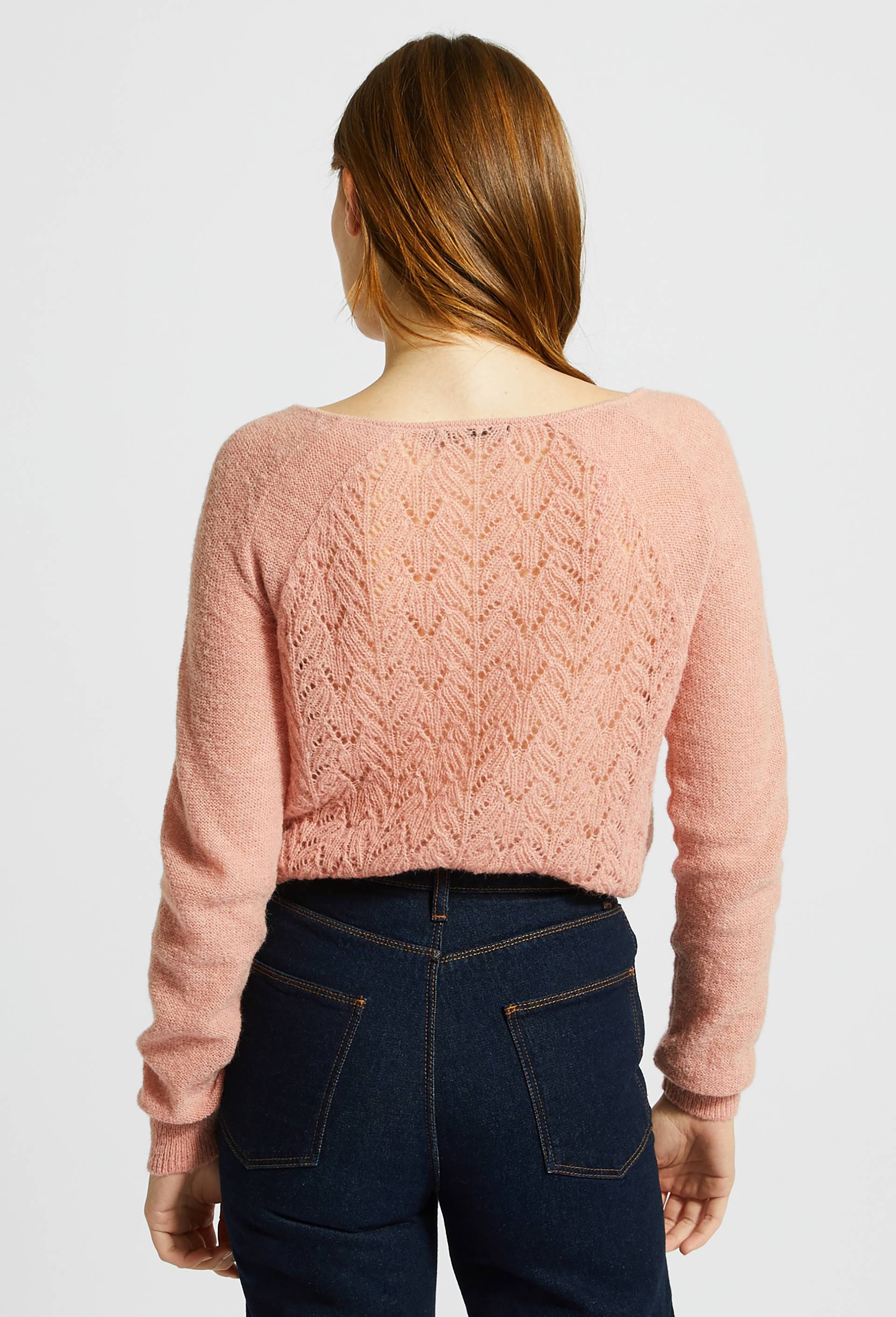 Pull col V ajouré et boutonné contenant de l'alpaga, certifié Oeko-Tex, Rose, large image number 1