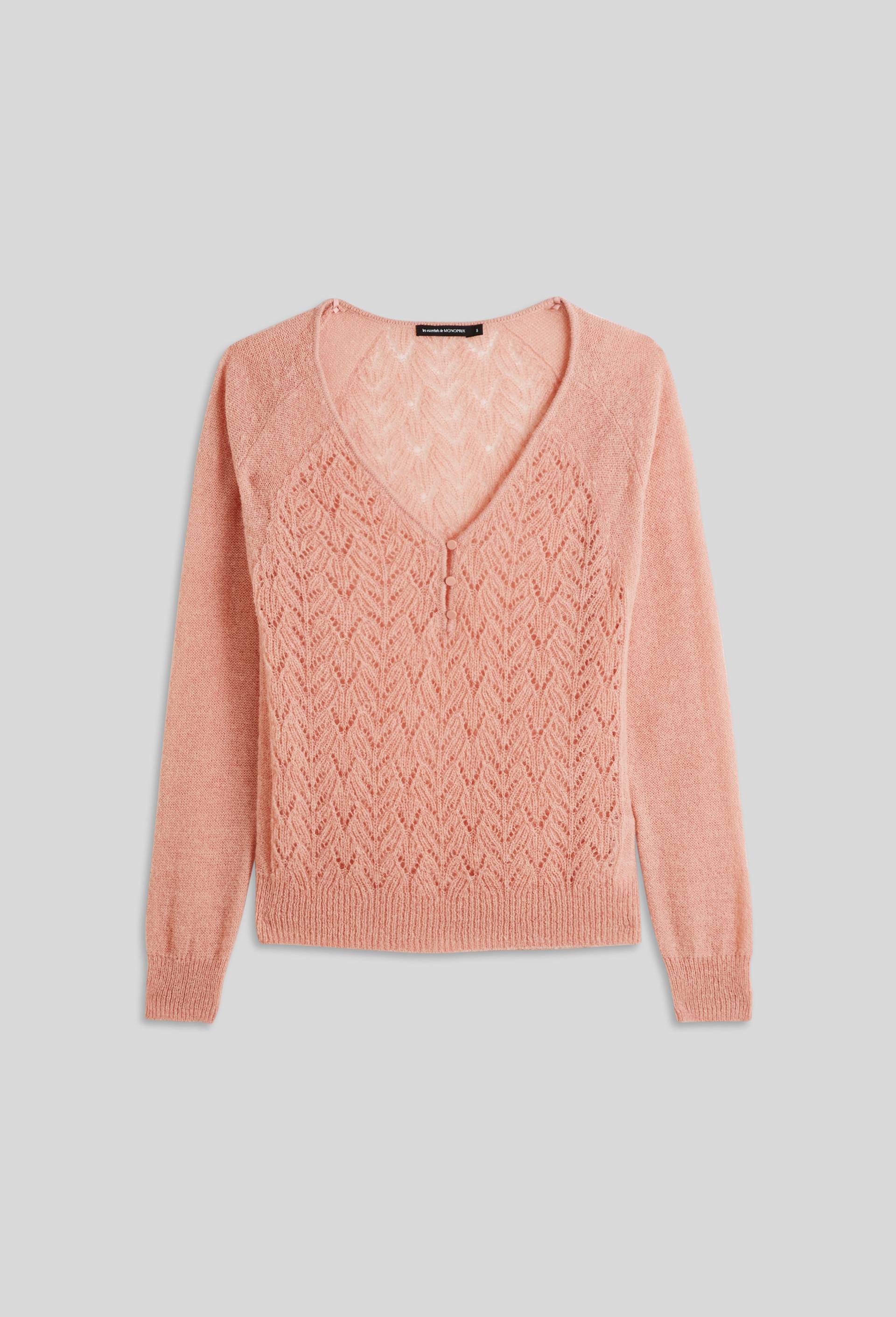 Pull col V ajouré et boutonné contenant de l'alpaga, certifié Oeko-Tex, Rose, large image number 2.0