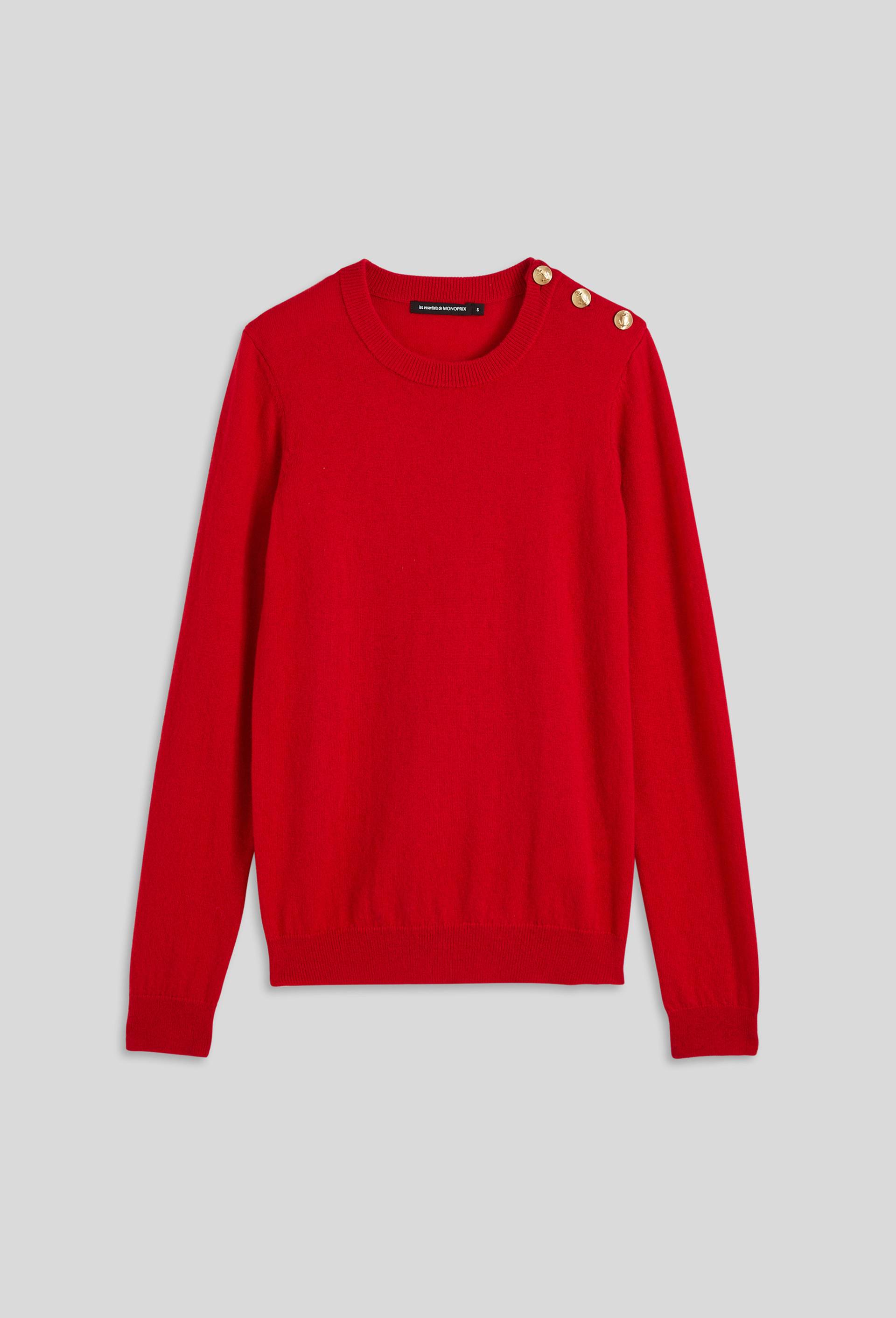 Pull col rond uni boutonné épaule contenant de la laine et du cachemire, certifié Oeko-Tex, Rouge, large image number 2