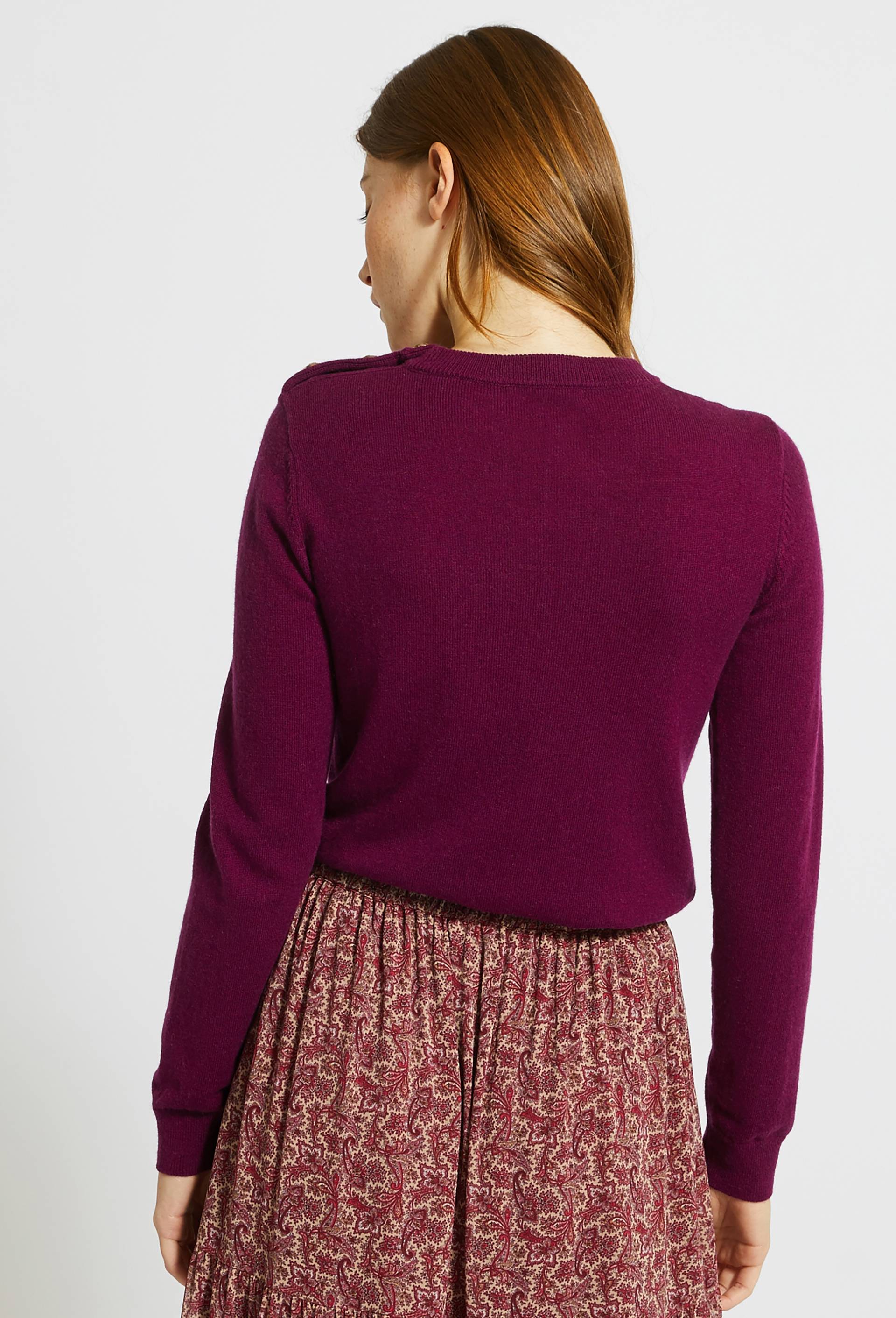 Pull col rond uni boutonné épaule contenant de la laine et du cachemire, certifié Oeko-Tex, Violet foncé, large image number 1.0