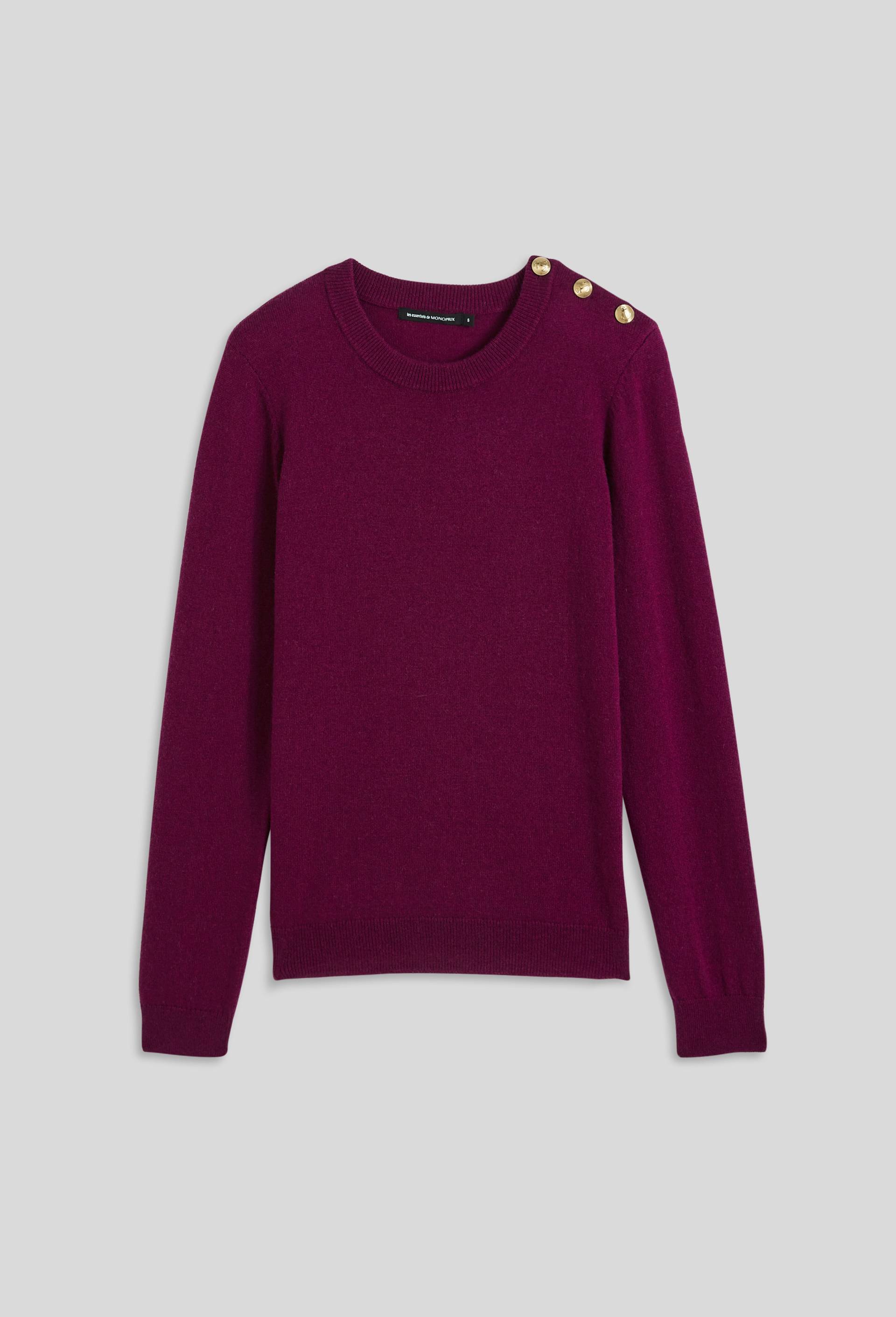 Pull col rond uni boutonn&eacute; &eacute;paule contenant de la laine et du cachemire, certifi&eacute; Oeko-Tex, Violet fonc&eacute;, large image number 2