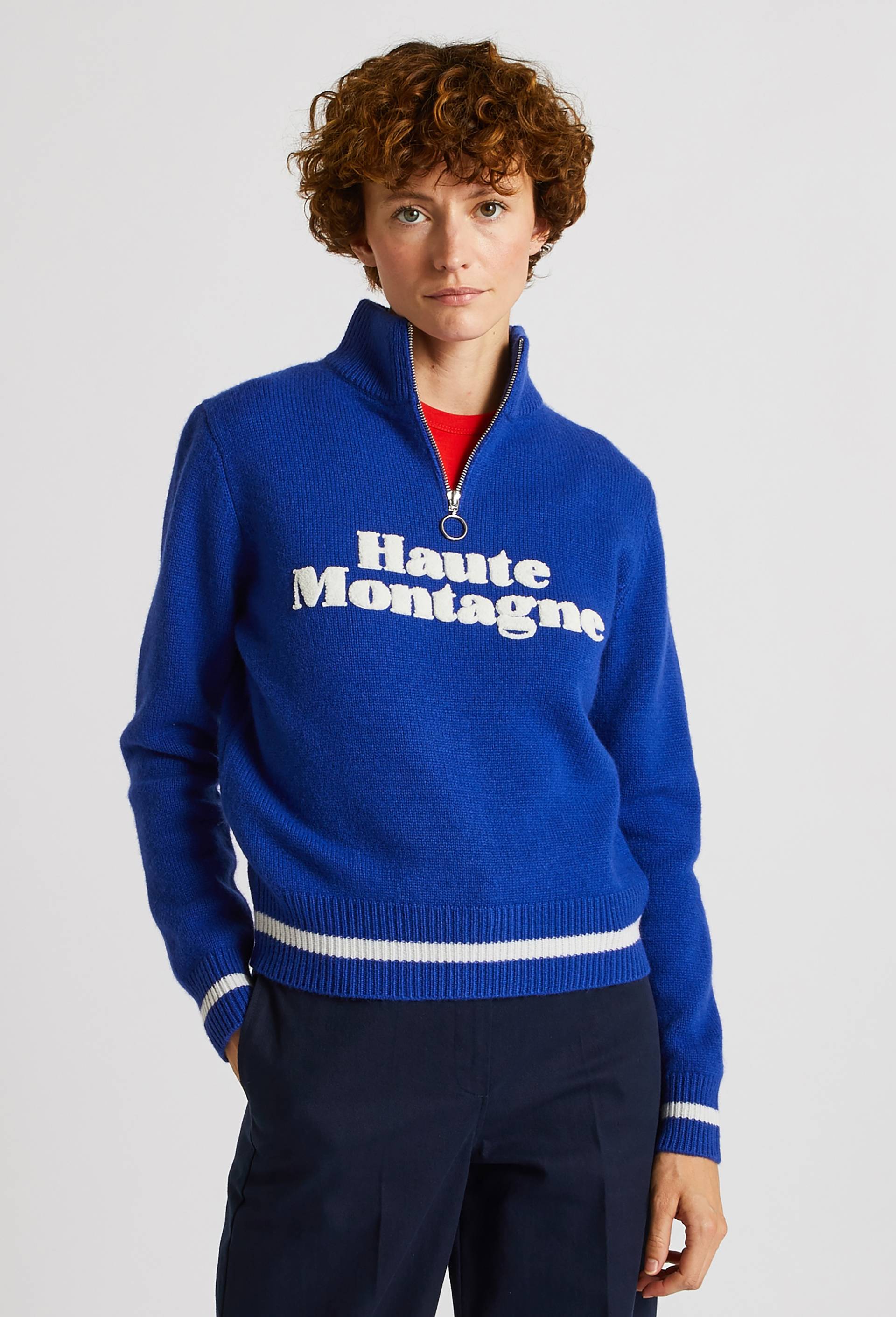 Pull zippé à message contenant de la laine, certifié OEKO-TEX, Bleu, large image number 0