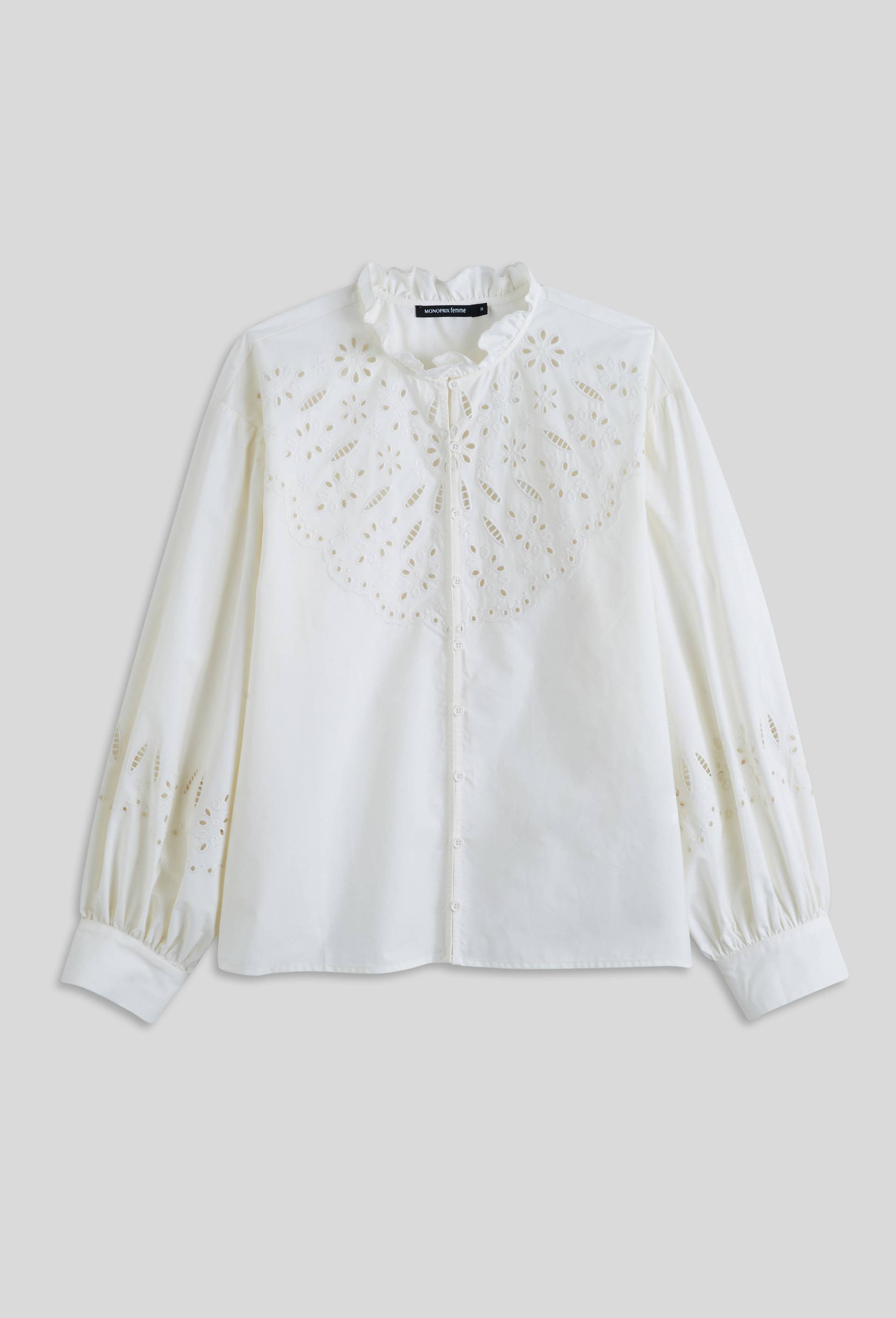 Chemise ras du cou et détail broderie, Ecru, large image number 2