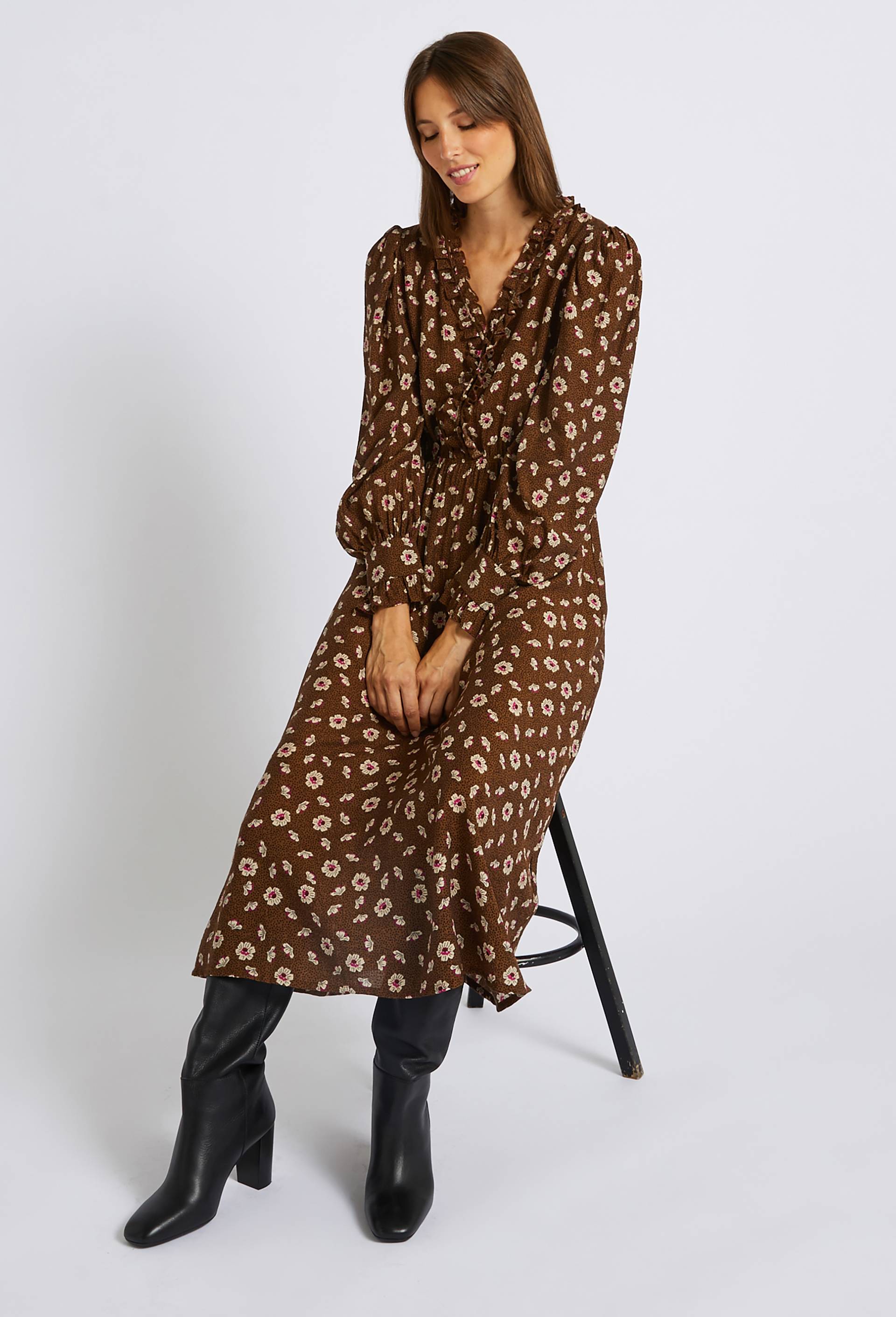 Robe longue imprimée, Brun, large image number 0