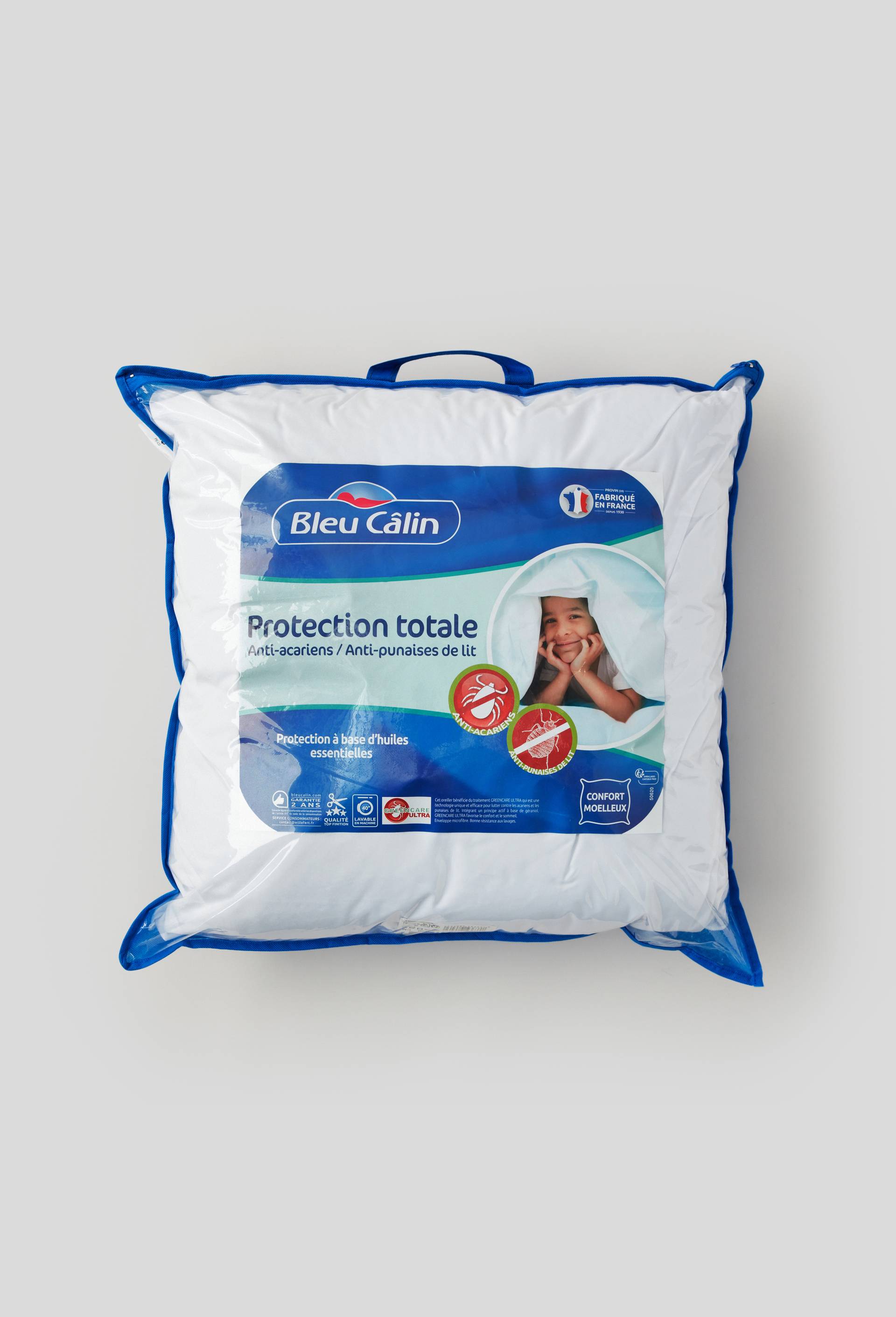 Oreiller carré, 60x60cm, enveloppe 100% coton, microfibre, green care ultra, anti acariens et garnissage 100% polyester, Blanc, large image number 0