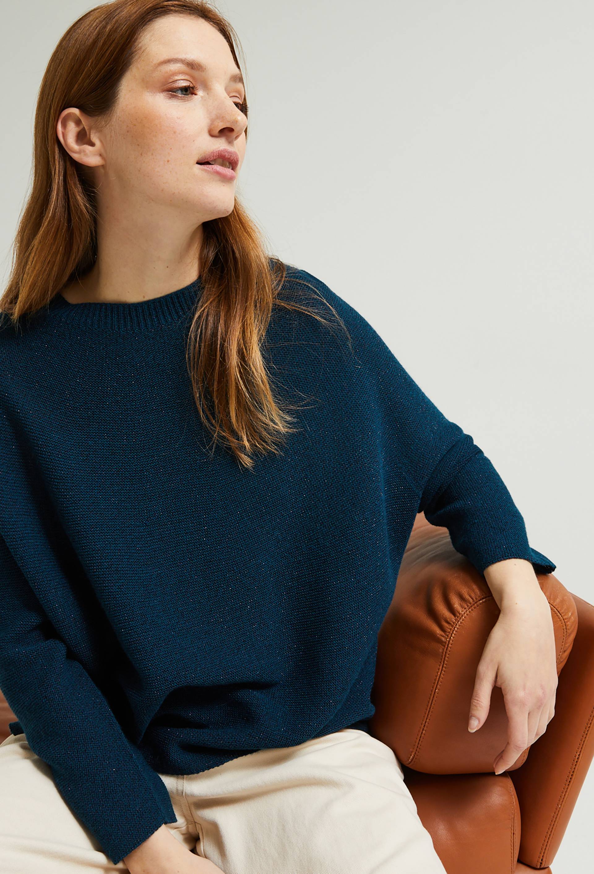 Pull maille fantaisie contenant de la laine et des fils métallisés, certifié OEKO-TEX, Bleu, large image number 0.0