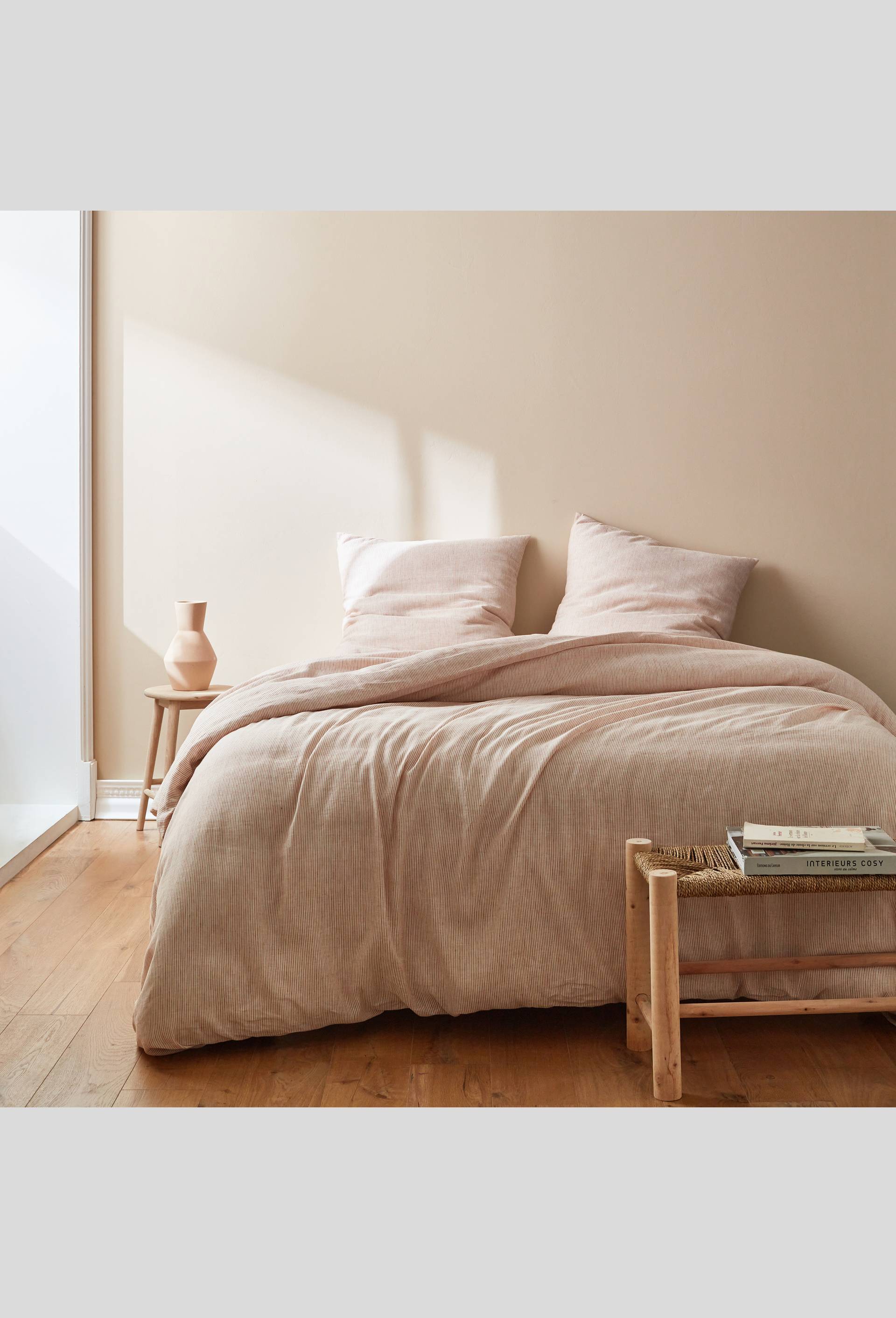 DRAP HOUSSE 160 TT RAYE ECRU ALHAMBRA LIN COTON 160X200cm coton lin gousset 30cm 45%coton  bio & 55% lin euroflax, Rose, large image number 2