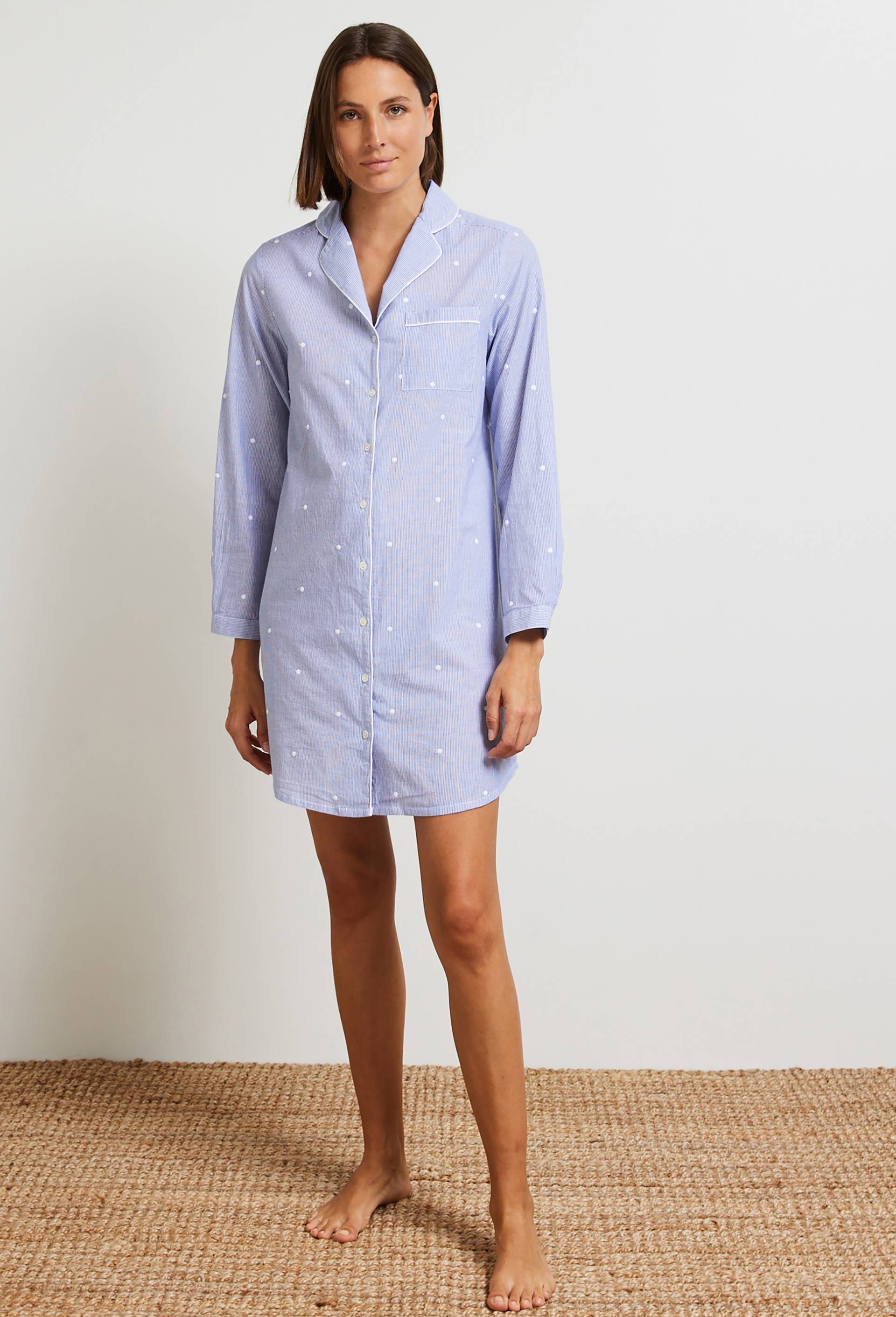Chemise de nuit à rayures et pois brodés en coton, Bio, Bleu clair, large image number 0