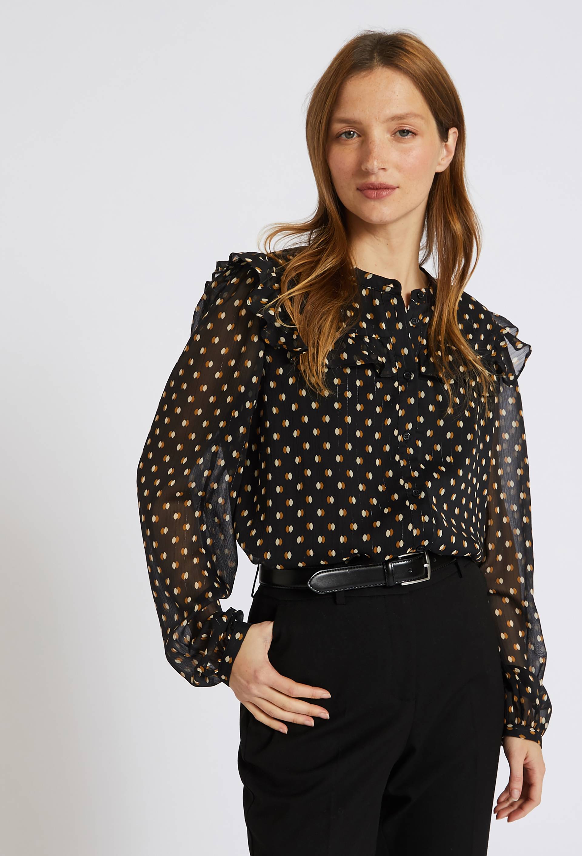 Blouse imprimée à volants, Noir, large image number 0.0
