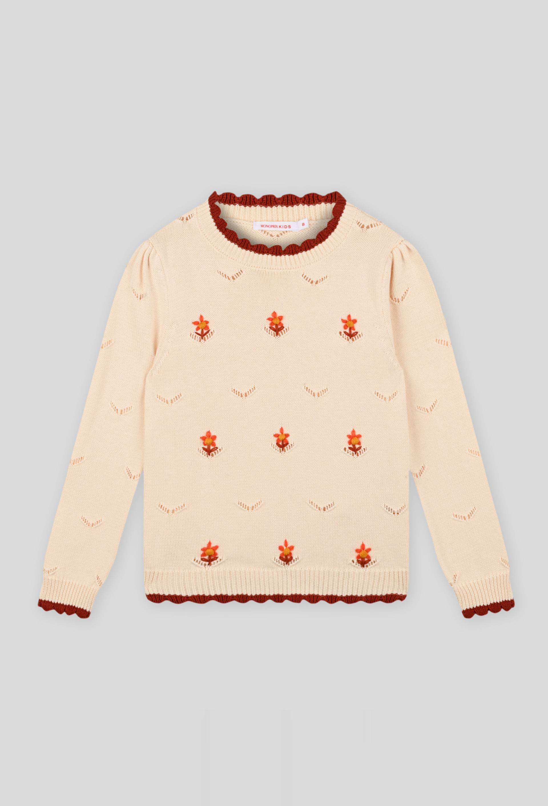 Pull ajoure broderies fleurs, Coton BIO, Beige clair, large image number 0