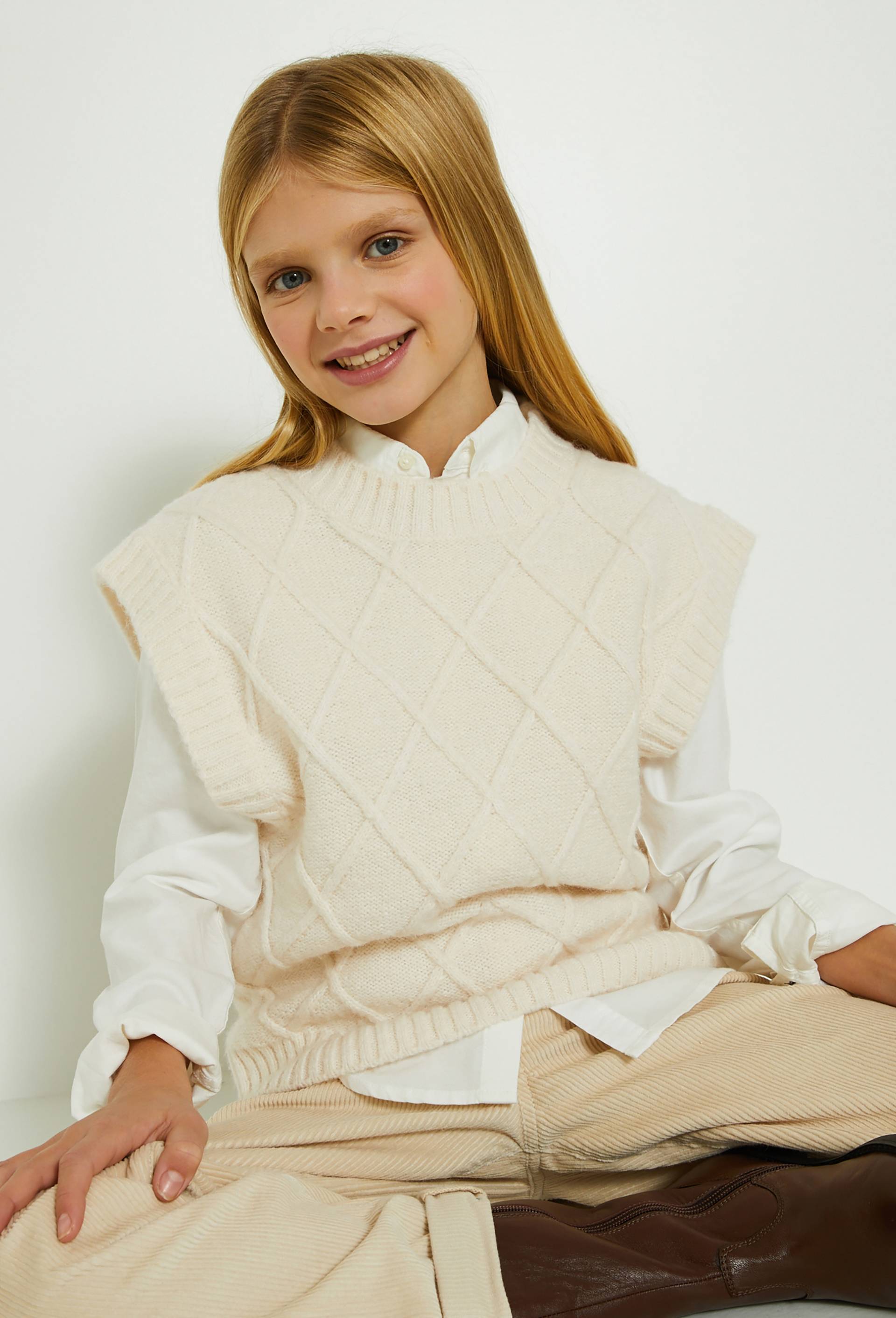 Pull sans manches motif losanges, Oekotex, Ecru, large image number 0.0
