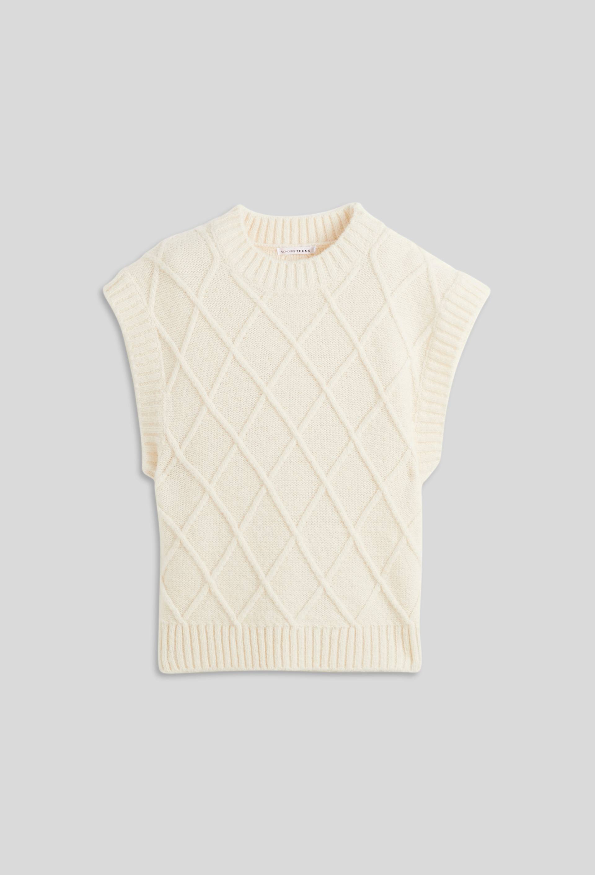 Pull sans manches motif losanges, Oekotex, Ecru, large image number 1