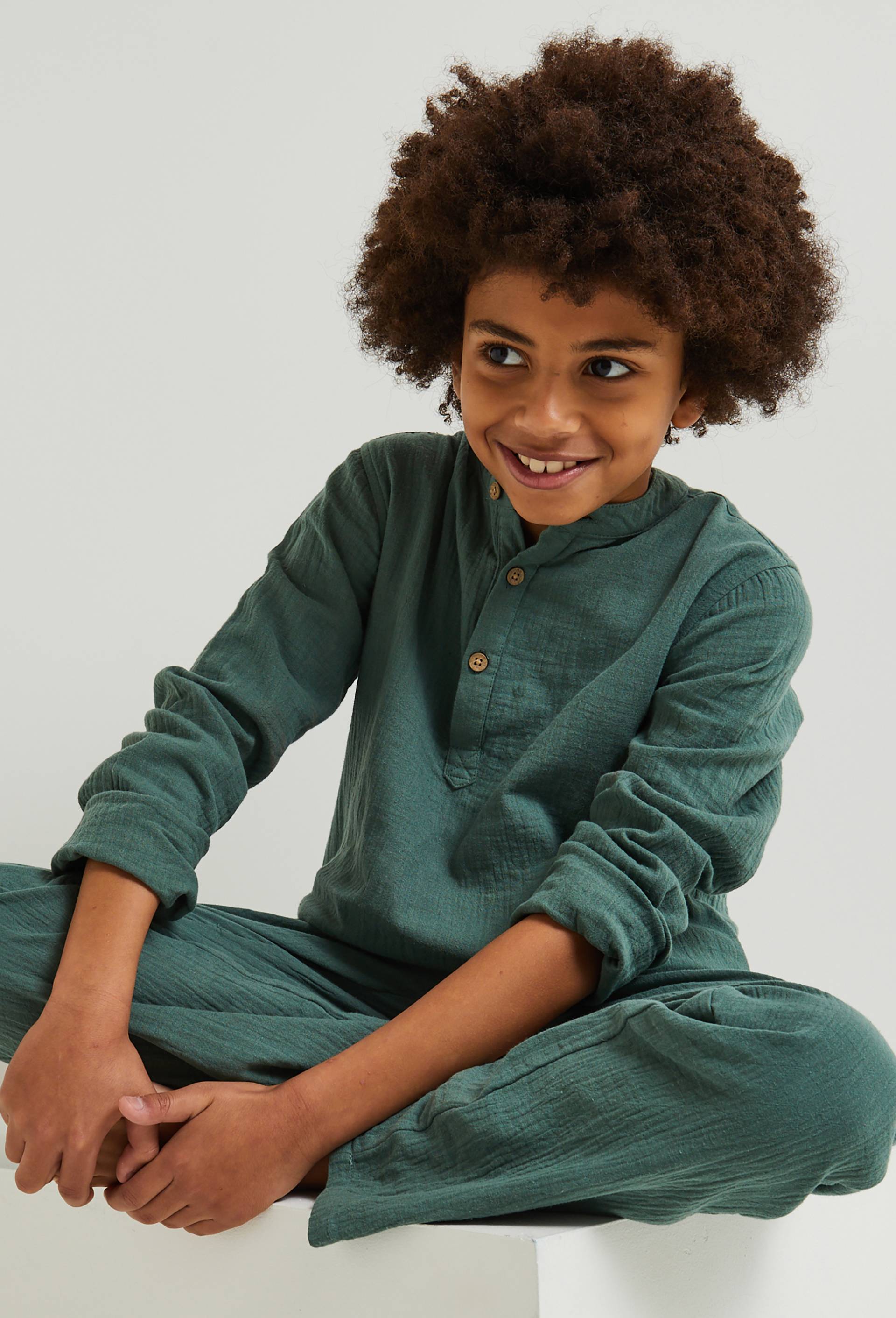 Pyjama long uni col mao en gaze, BIO, Vert, large image number 0