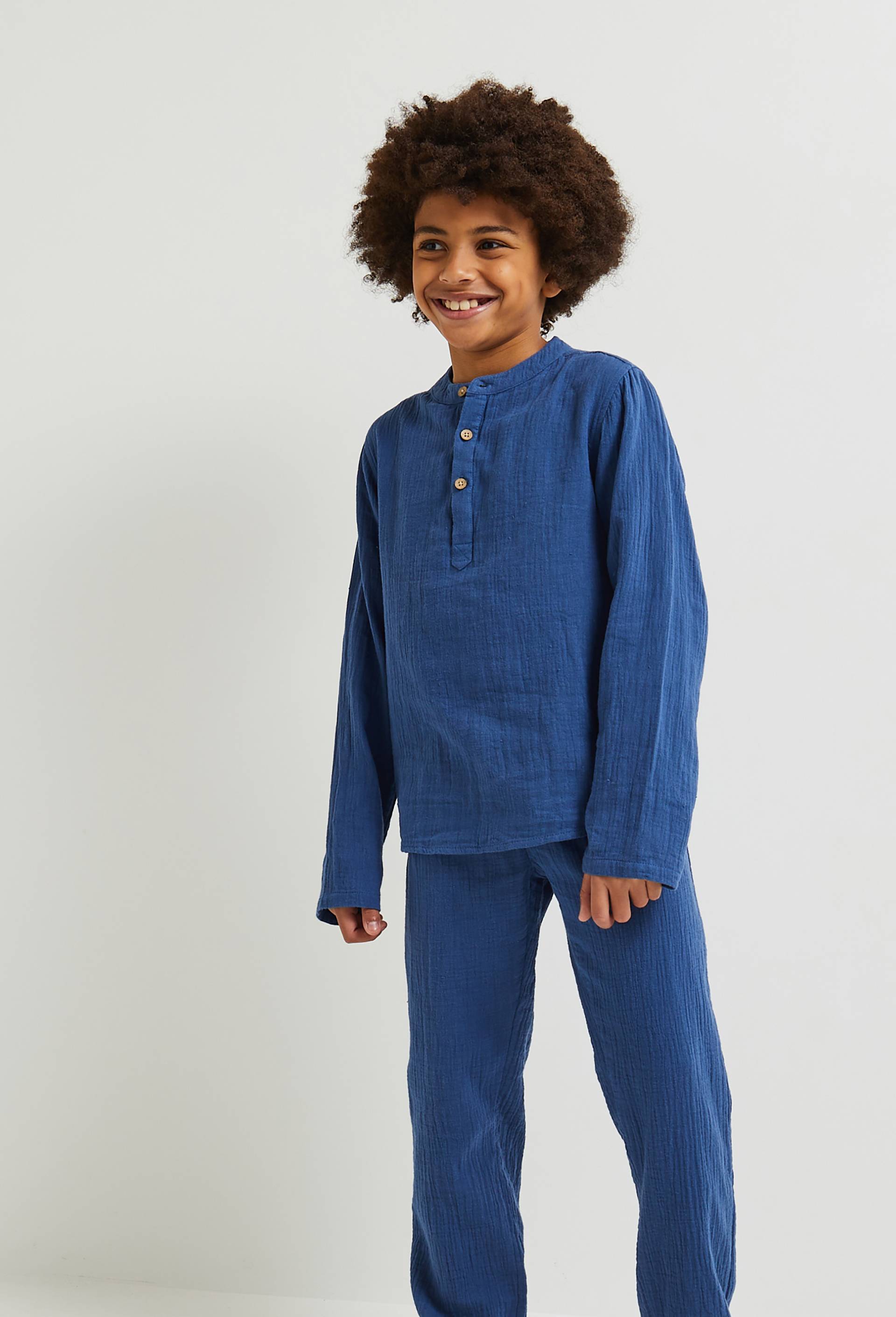 Pyjama long uni col mao en gaze, BIO, Bleu foncé, large image number 0