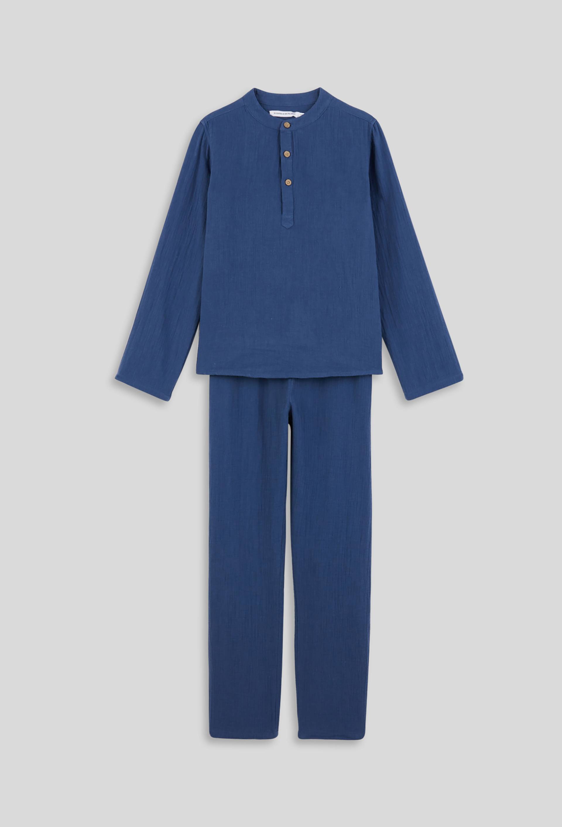 Pyjama long uni col mao en gaze, BIO, Bleu foncé, large image number 1