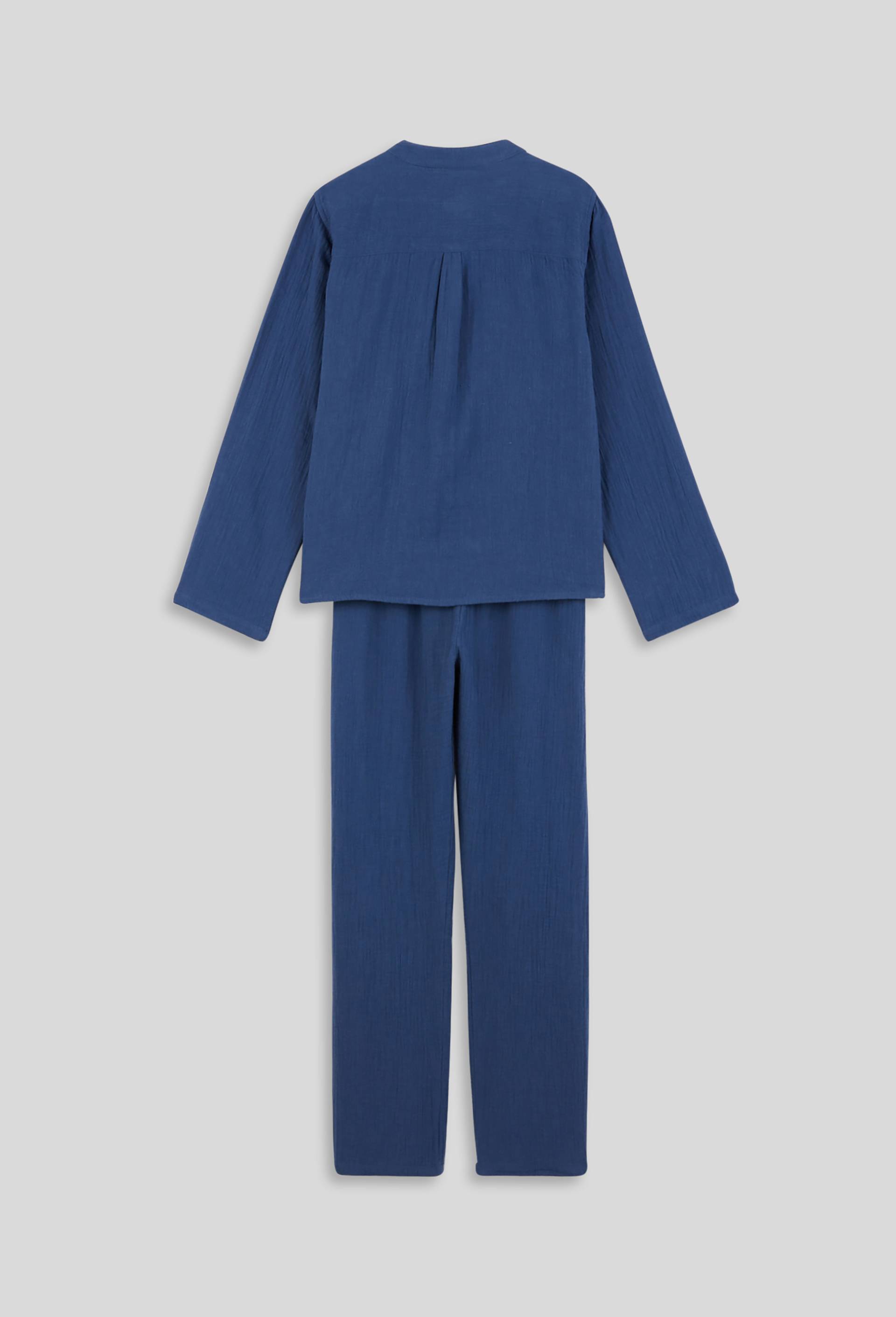 Pyjama long uni col mao en gaze, BIO, Bleu foncé, large image number 2