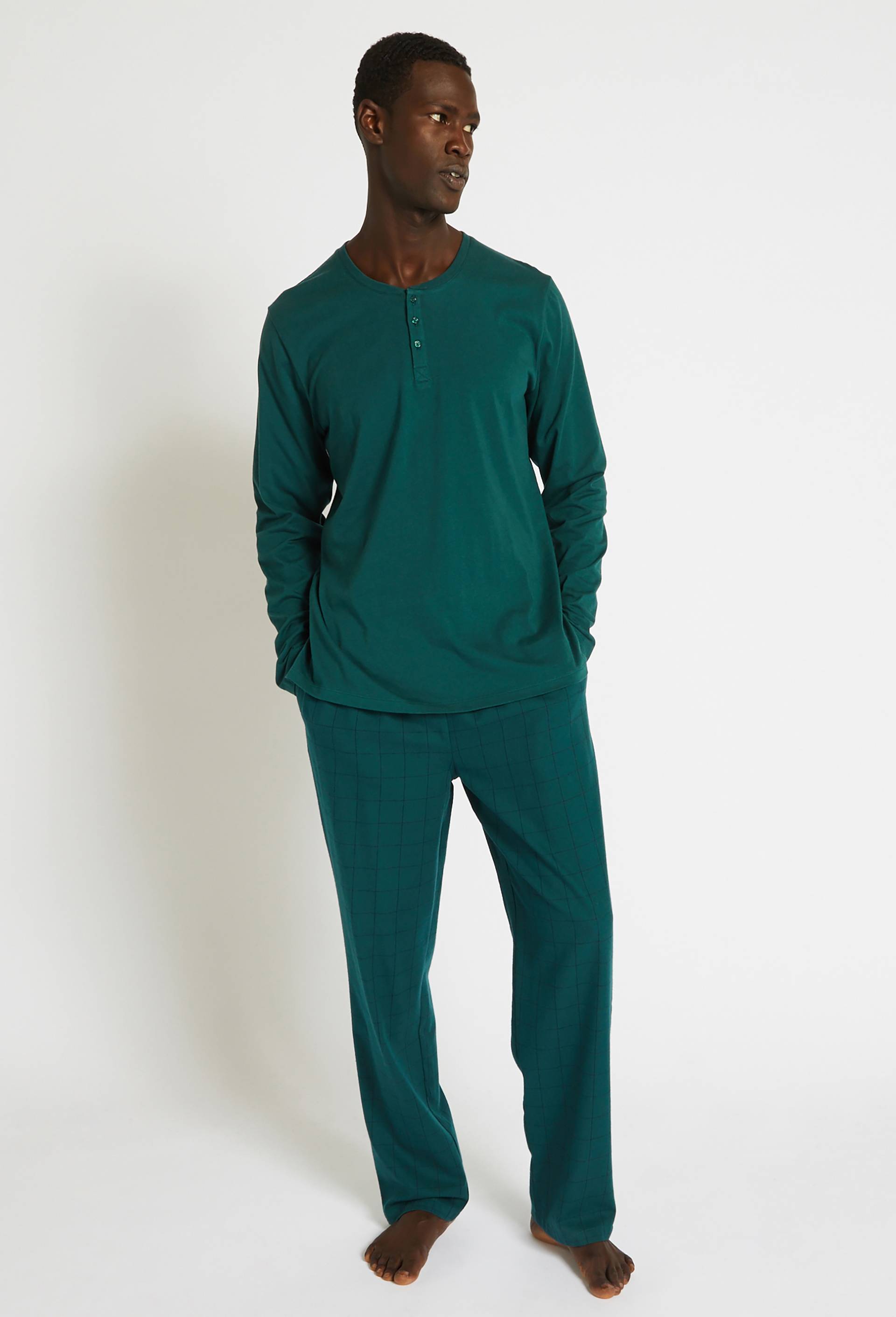Pyjama manches longues en jersey de coton et pantalon en flanelle, Oeko-Tex, Vert foncé, large image number 0.0