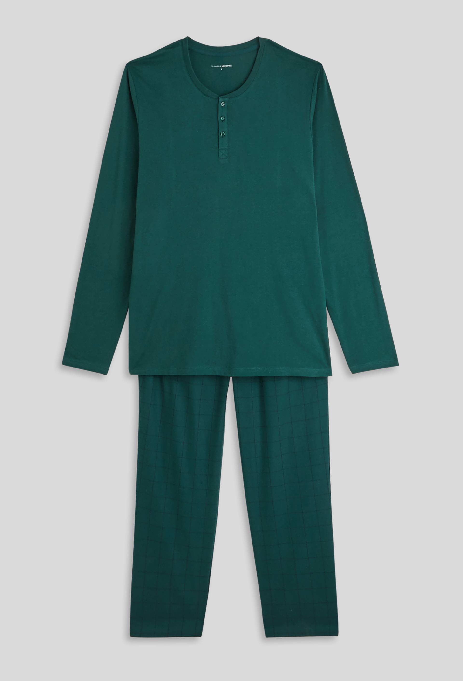 Pyjama manches longues en jersey de coton et pantalon en flanelle, Oeko-Tex, Vert foncé, large image number 2