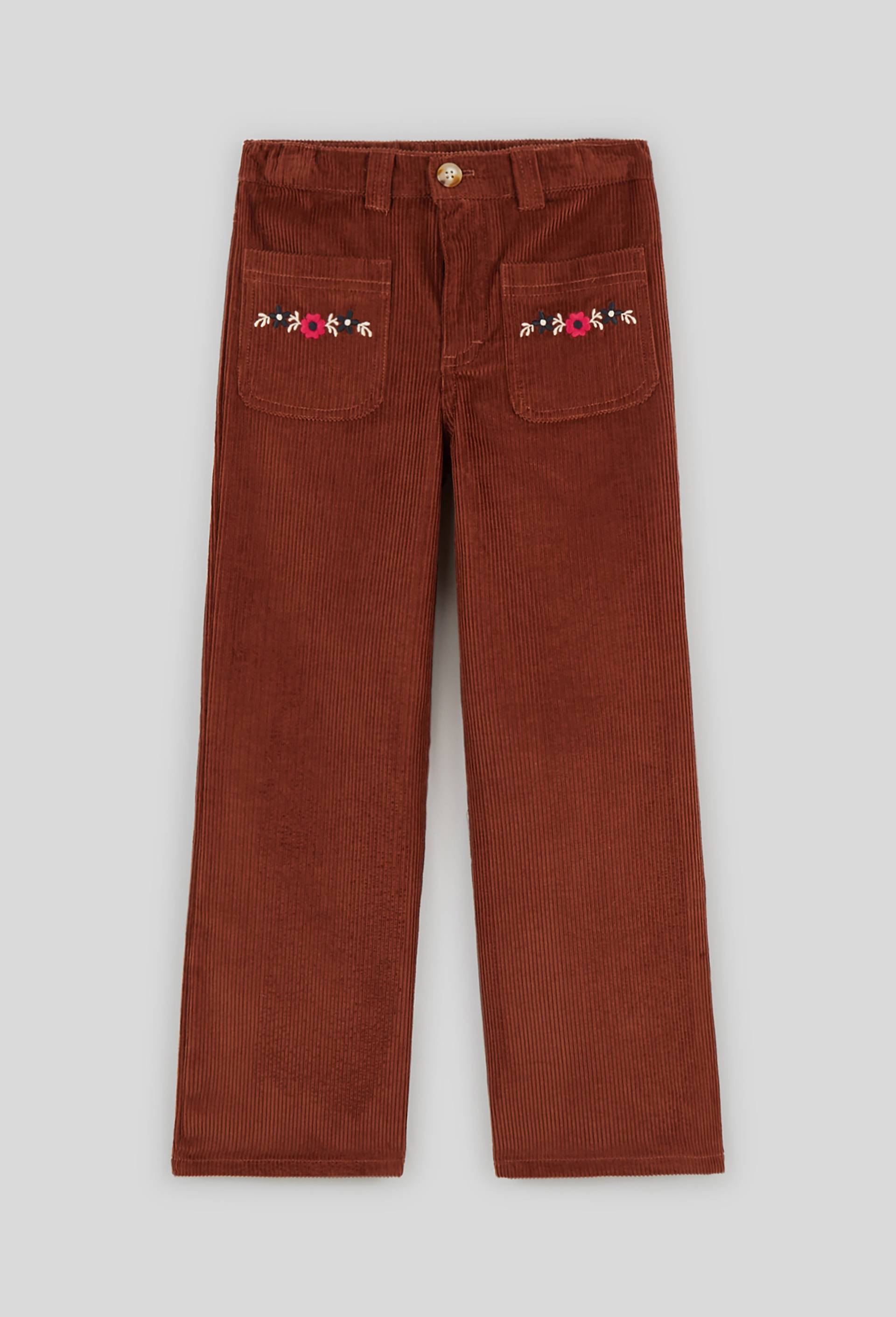 Pantalon large en velours poches brodées, Brun, large image number 0.0