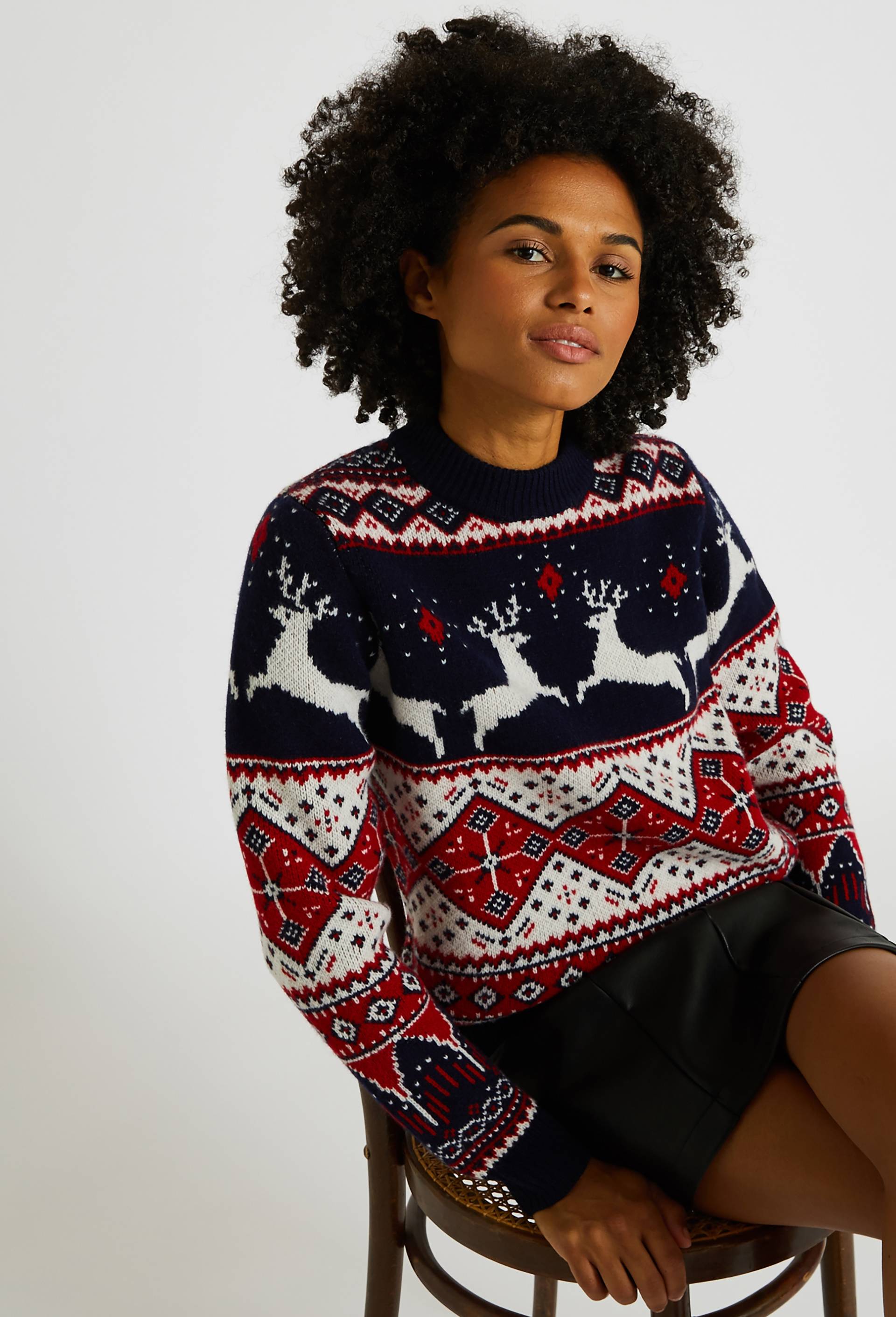 Pull Jacquard en laine, Bleu foncé, large image number 0
