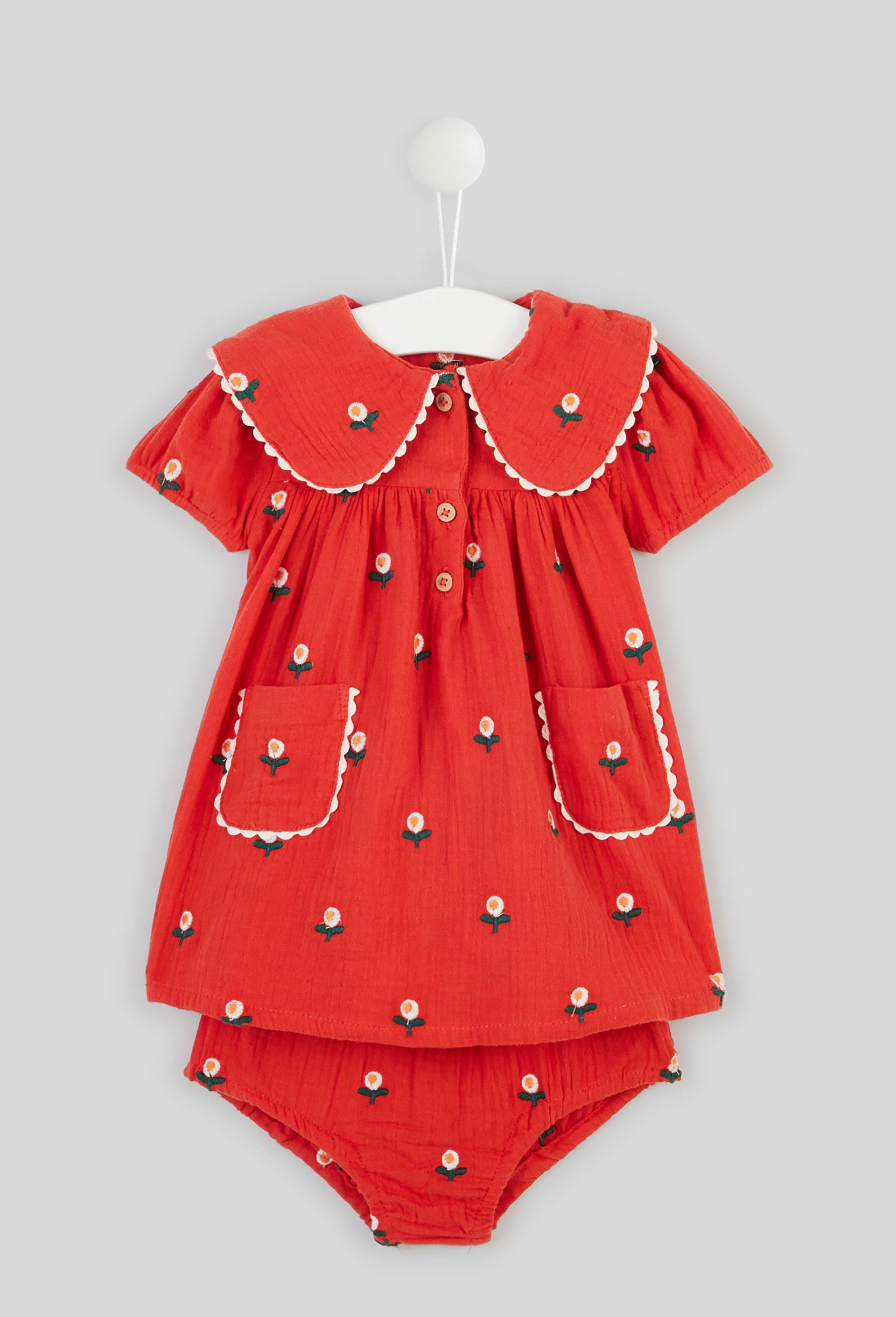 Robe avec bloomer brodée fleurs en coton BIO, Oeko-Tex, Orange, large image number 0