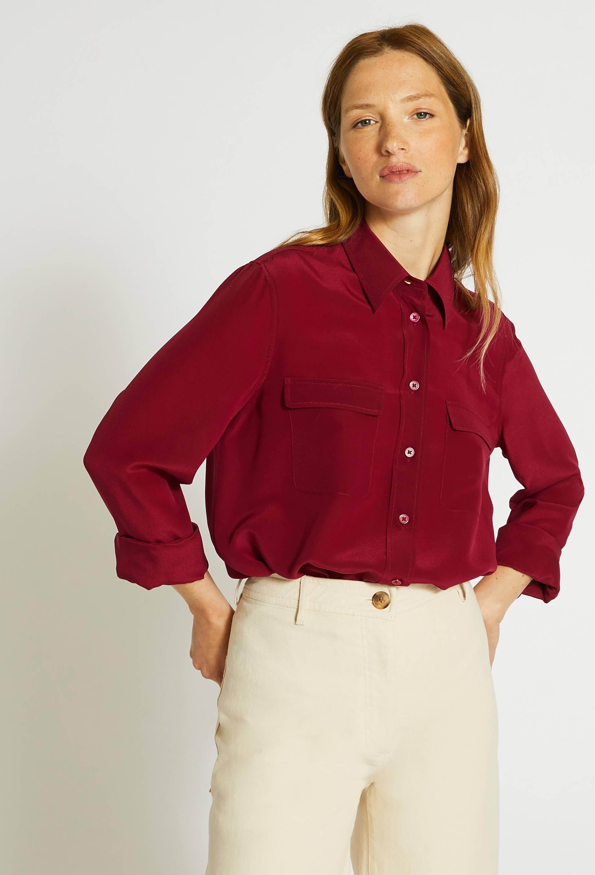 Chemise manches longues unie en soie, Rouge foncé, large image number 0.0