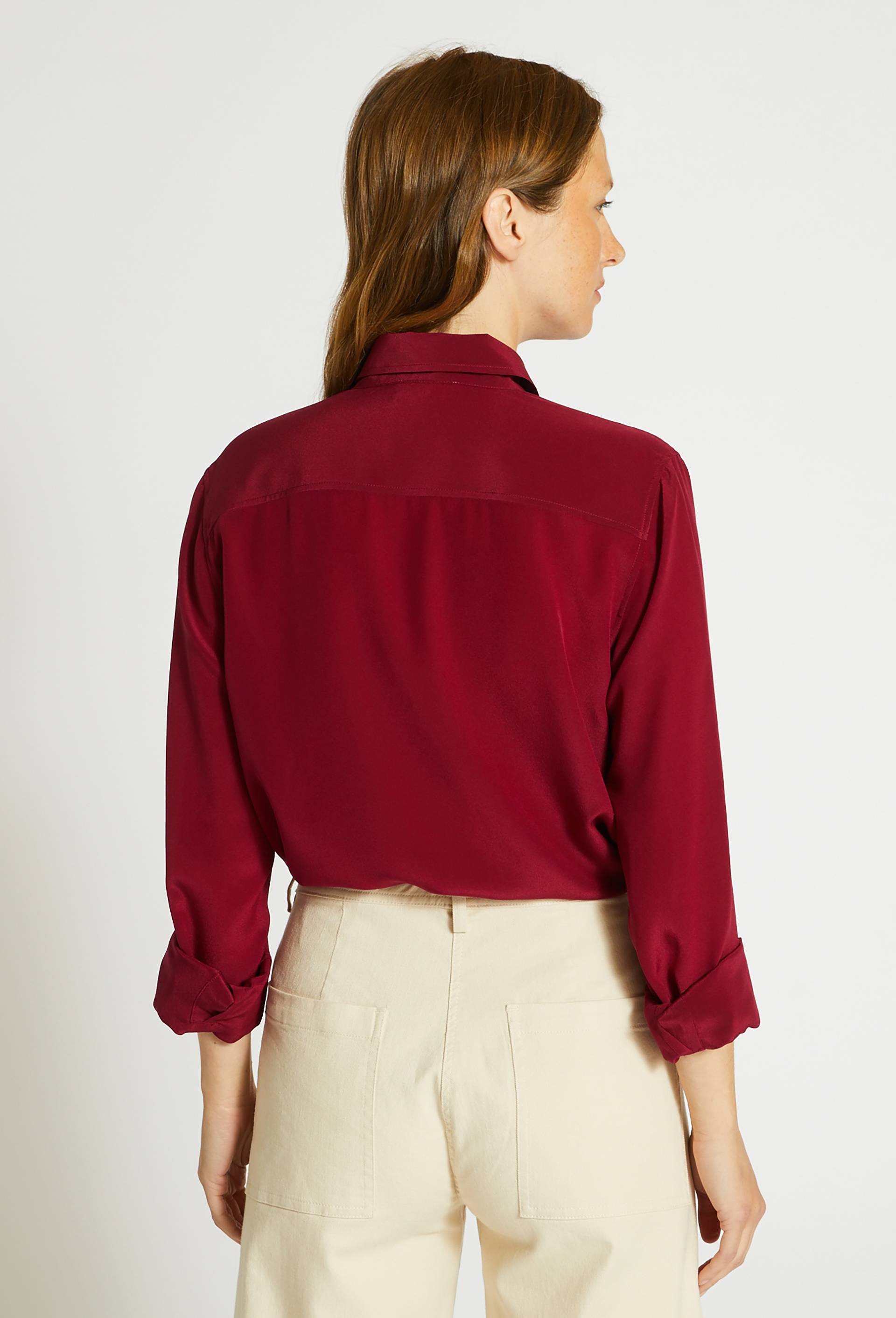 Chemise manches longues unie en soie, Rouge foncé, large image number 1.0